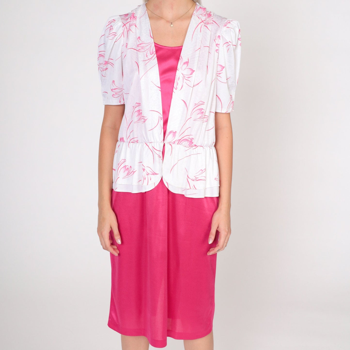 80s Pink Floral Midi Dress with Attached White Blouse Puff Sleeve Small