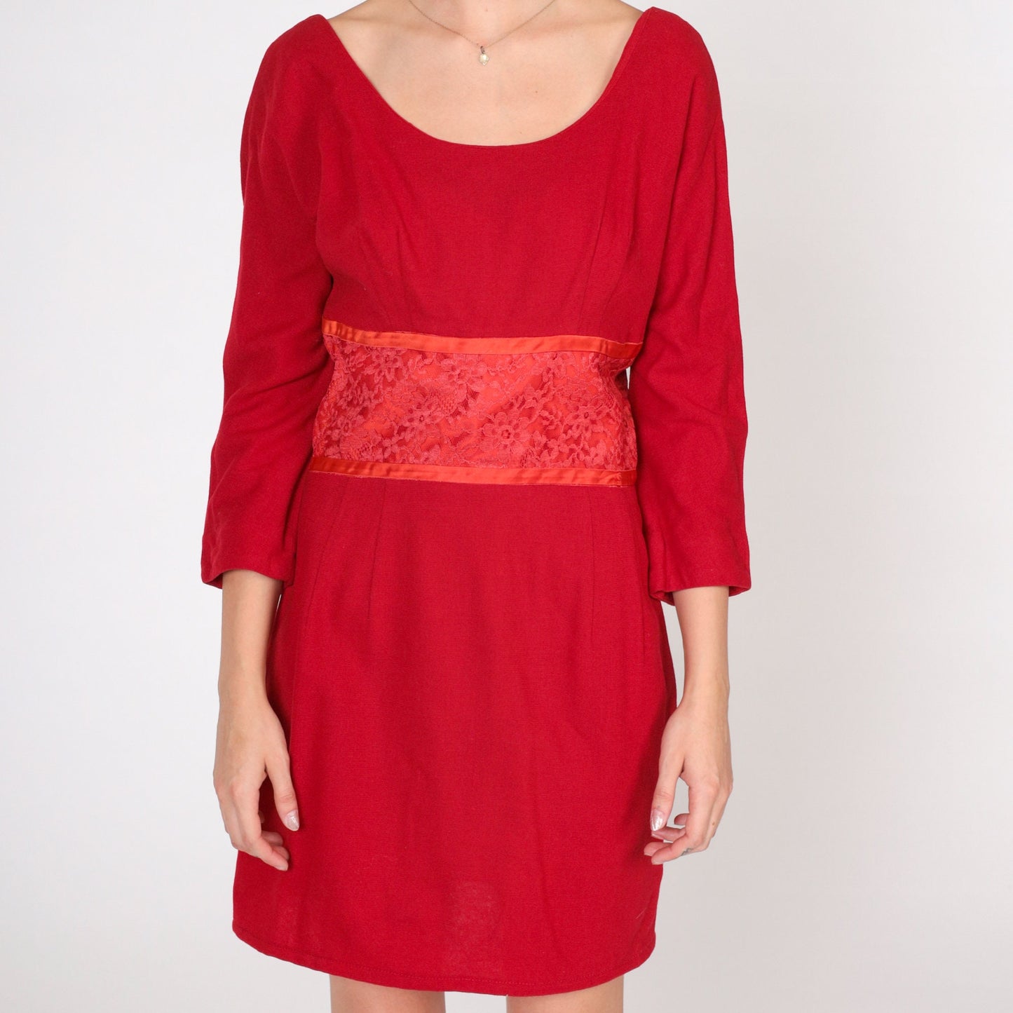 60s Red Wool Mini Dress Empire Waist Floral Lace Long Sleeve Small