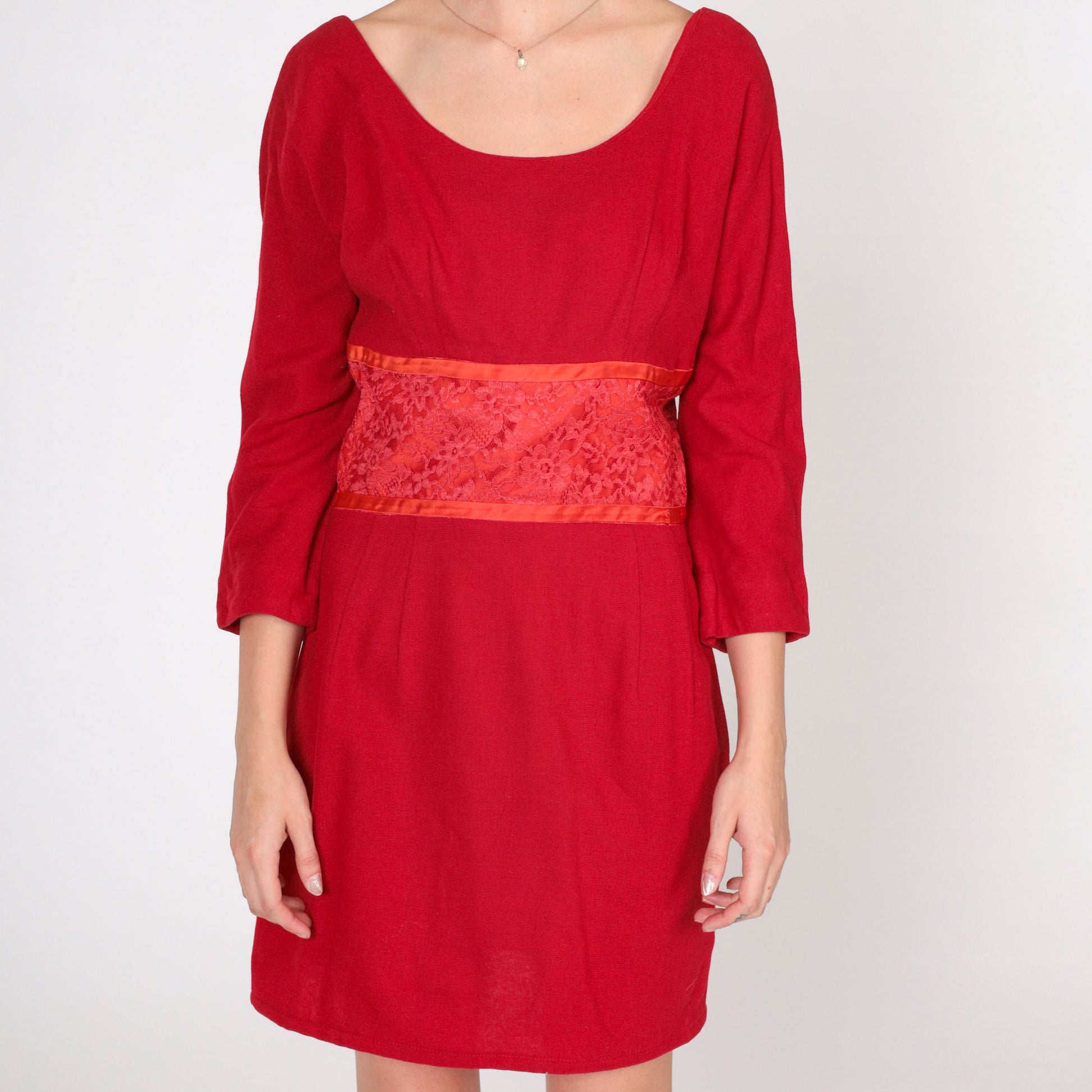 60s Red Wool Mini Dress Empire Waist Floral Lace Long Sleeve Small