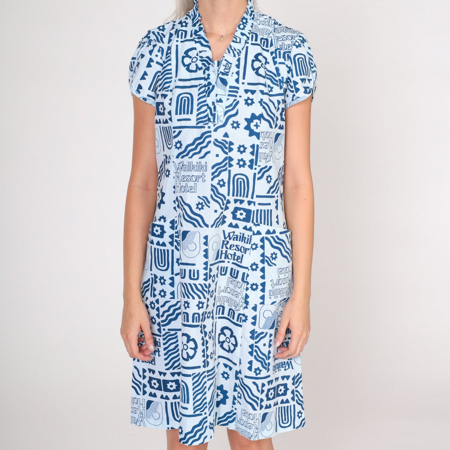70s Waikiki Hotel Resort Print Mini Dress Blue Puff Sleeve Small
