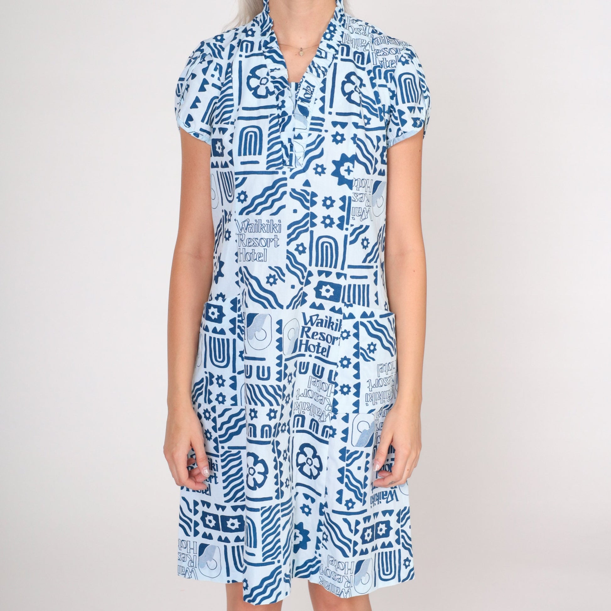 70s Waikiki Hotel Resort Print Mini Dress Blue Puff Sleeve Small