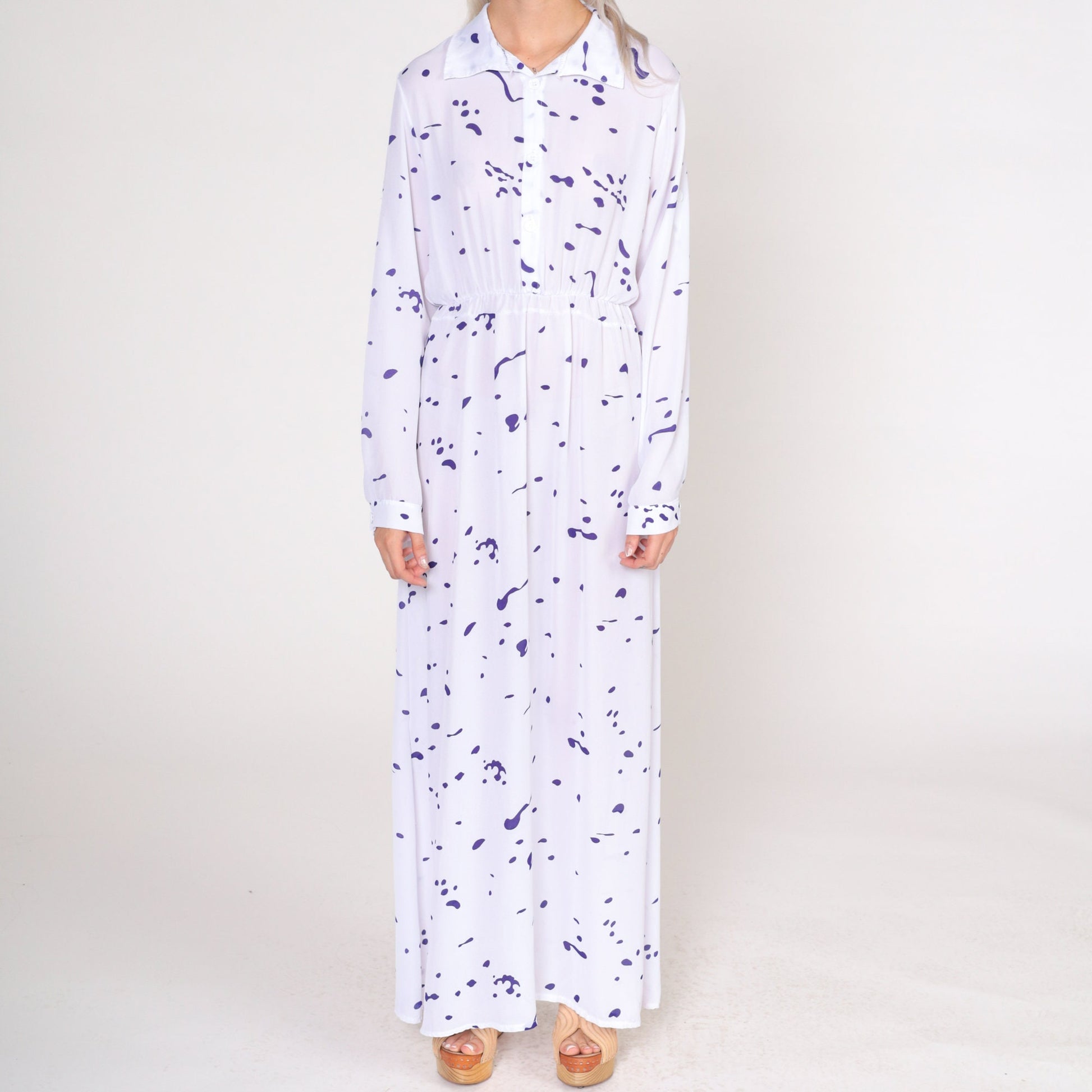 1970s Abstract Paint Splatter Maxi Dress White Purple Long Sleeve Shirtwaist Small