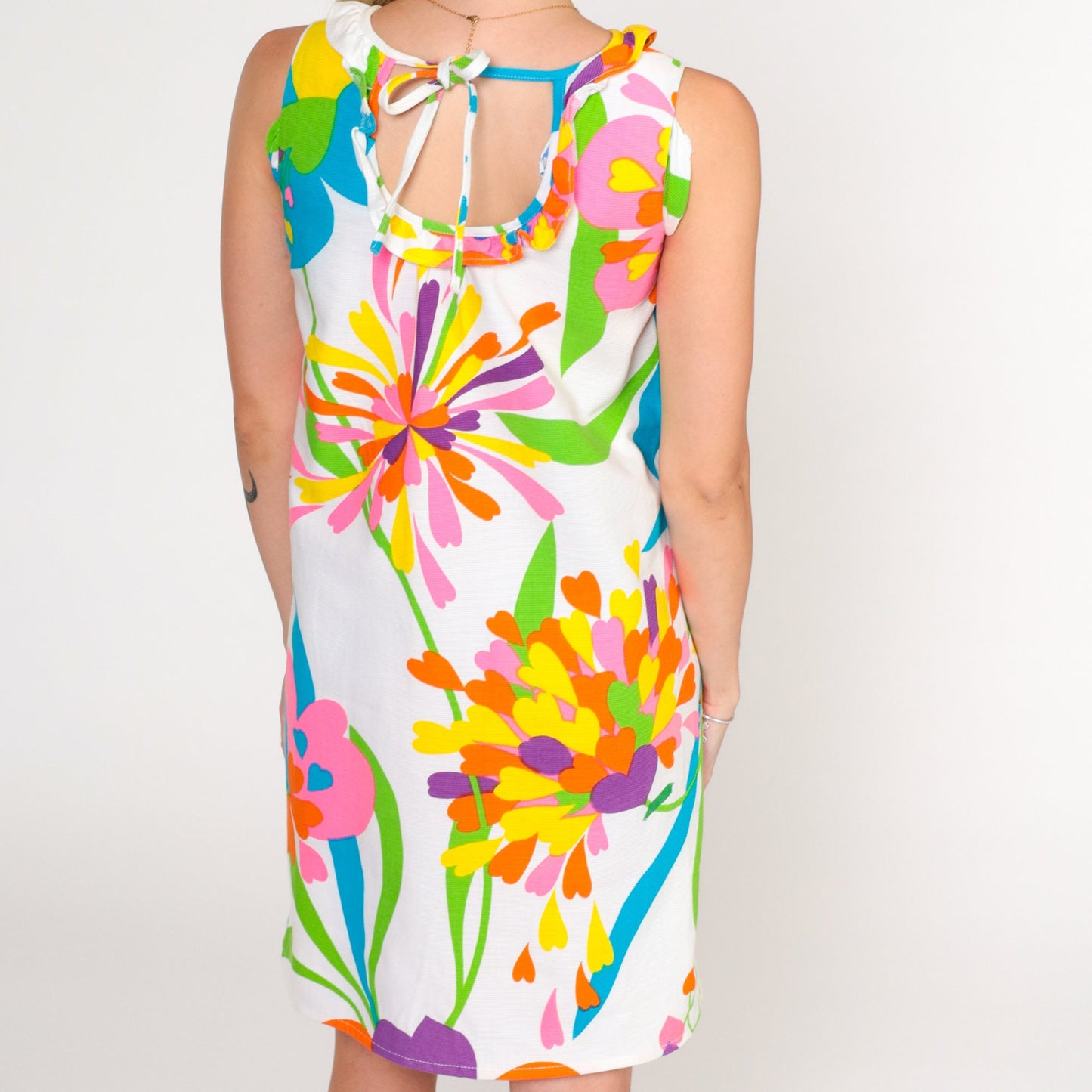60s Floral Heart Keyhole Mini Dress White Shift Sleeveless 2XS