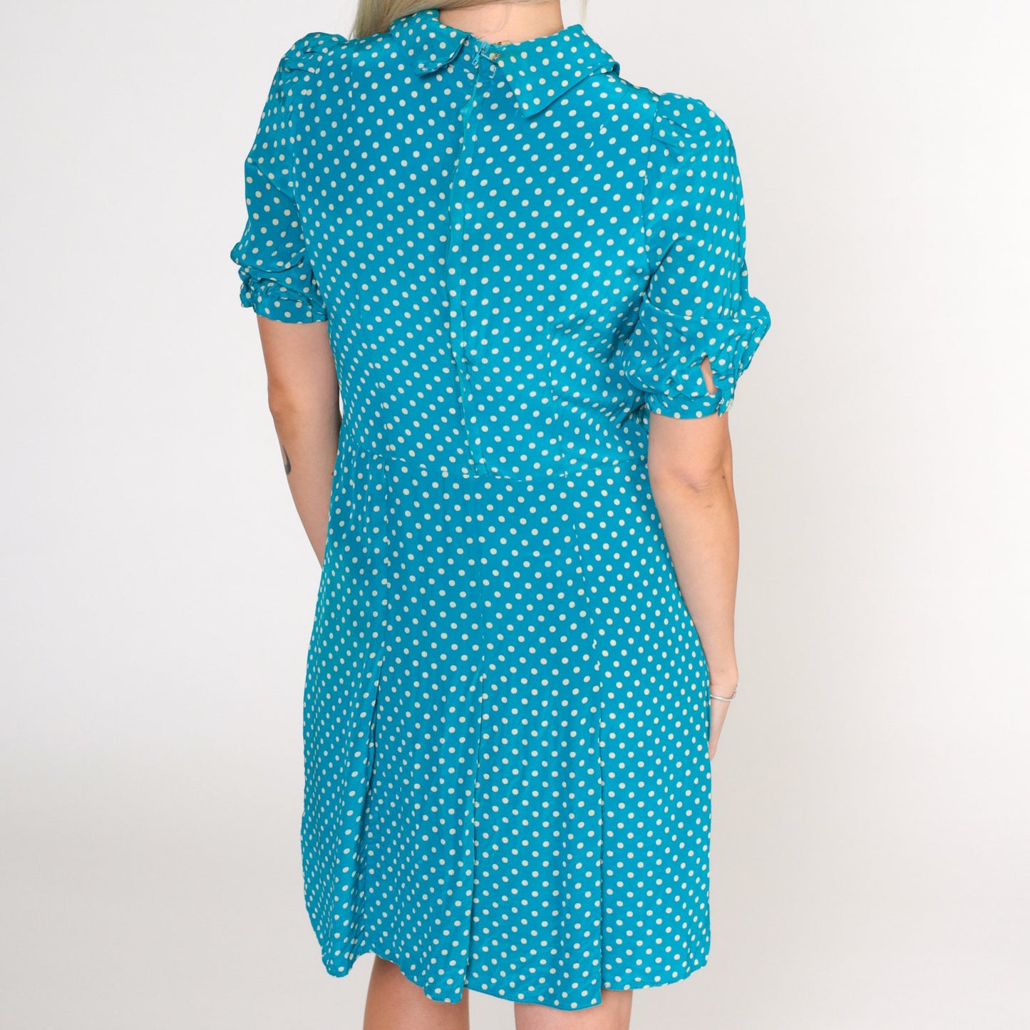 70s Blue Polka Dot Silk Shift Dress Puff Sleeve Mini High Waist Extra Small