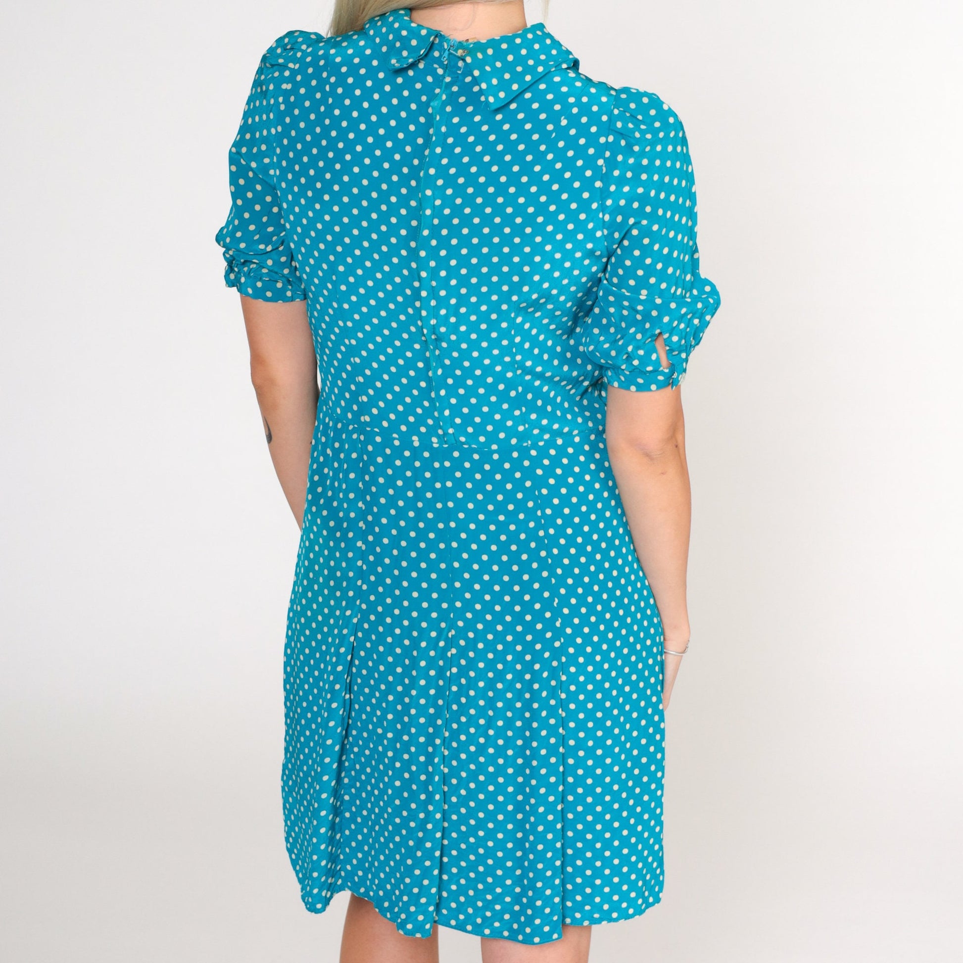 70s Blue Polka Dot Silk Shift Dress Puff Sleeve Mini High Waist Extra Small