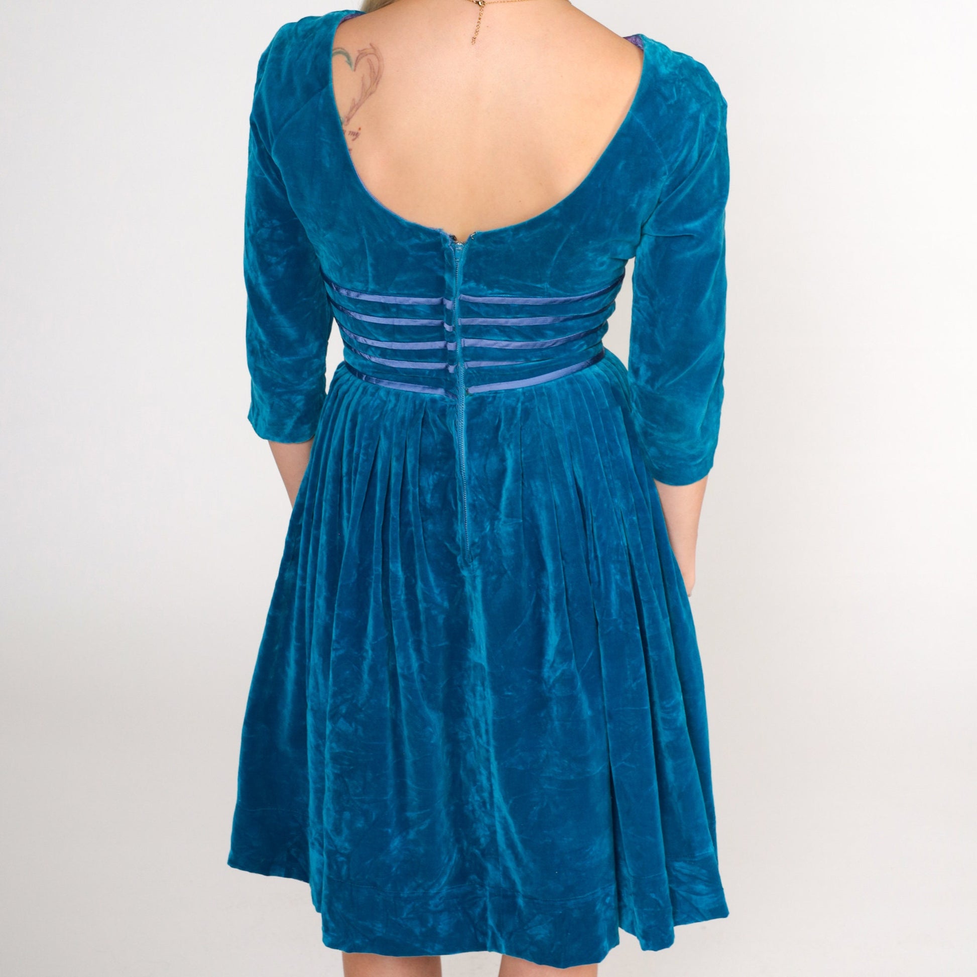 60s Blue Velvet Party Dress Empire Waist Pleated Mini 3/4 Sleeve XXS