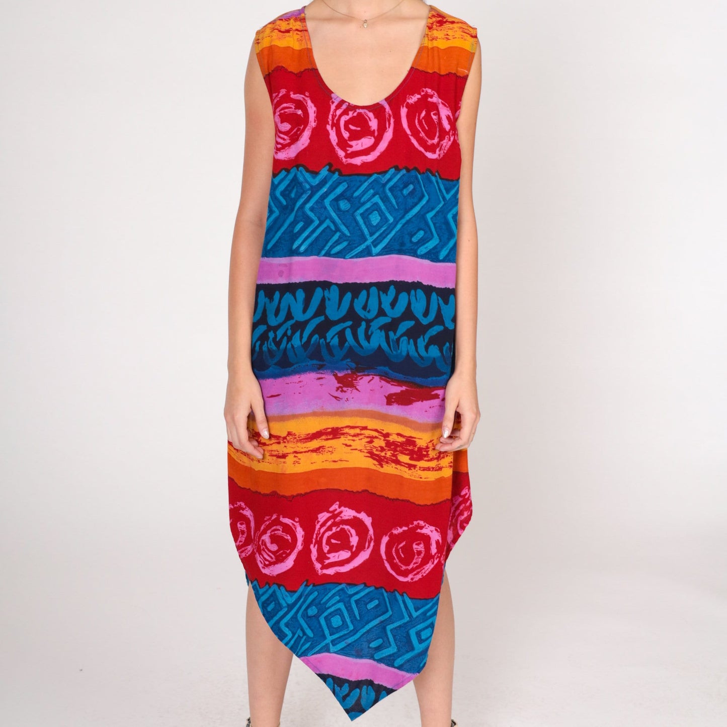 00s Meant to Be Midi Dress Sharkbite Hem Striped Abstract Print Sleeveless Large