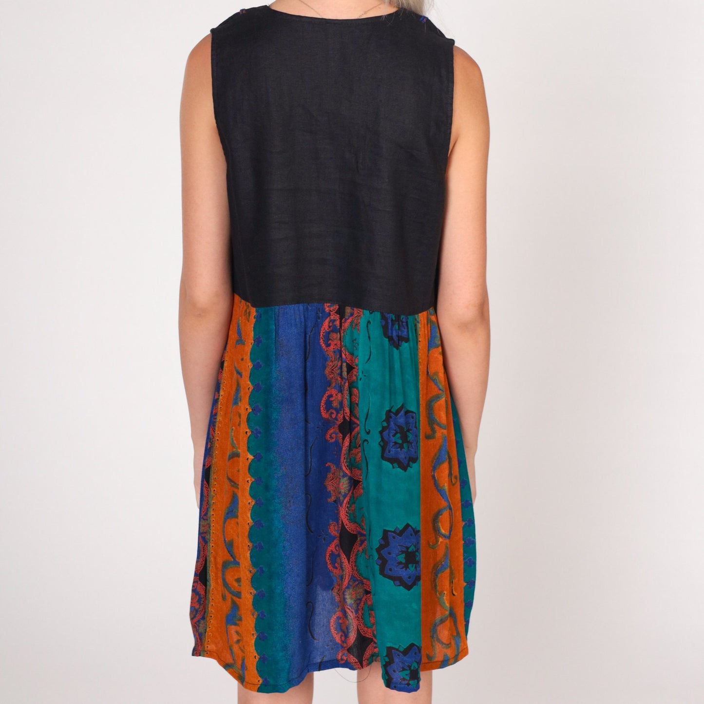 90s Black Abstract Striped Mini Dress Button-Up Sleeveless Medium M