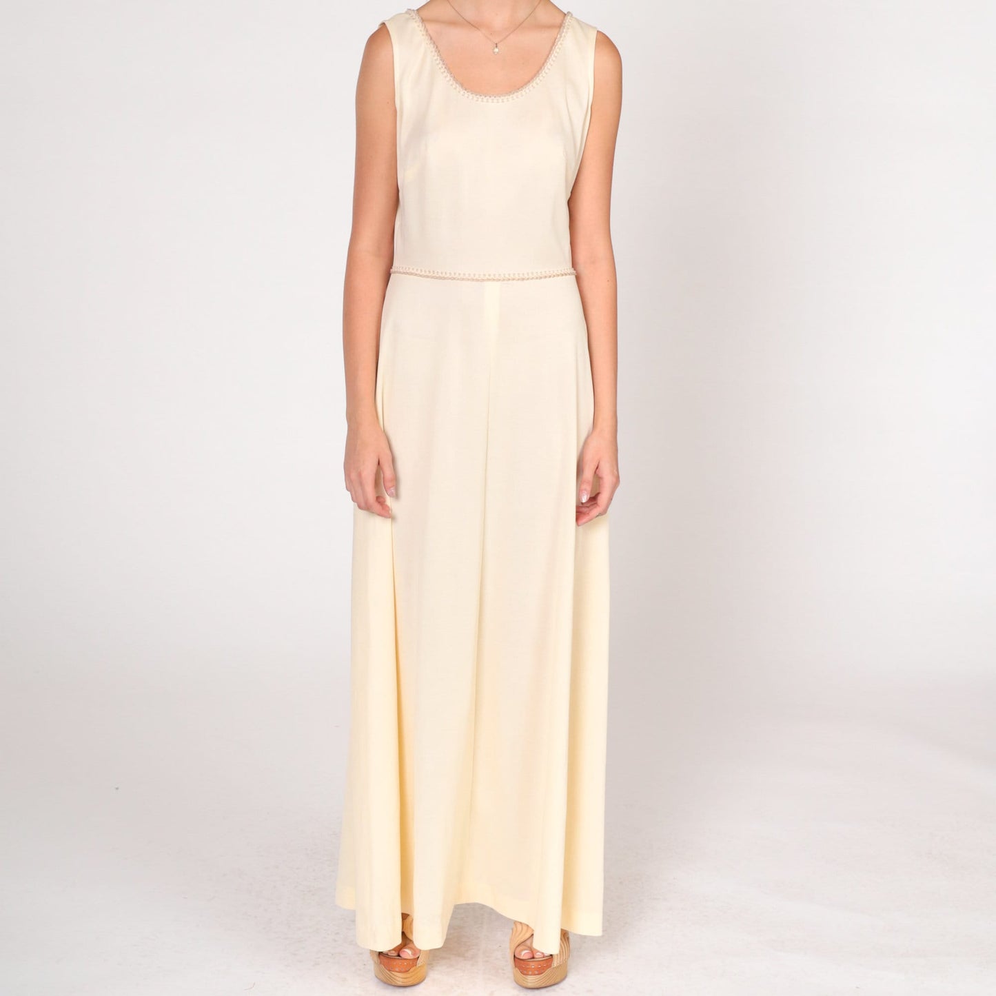 70s Cream Maxi Dress Sleeveless High Waist Scalloped Trim Small