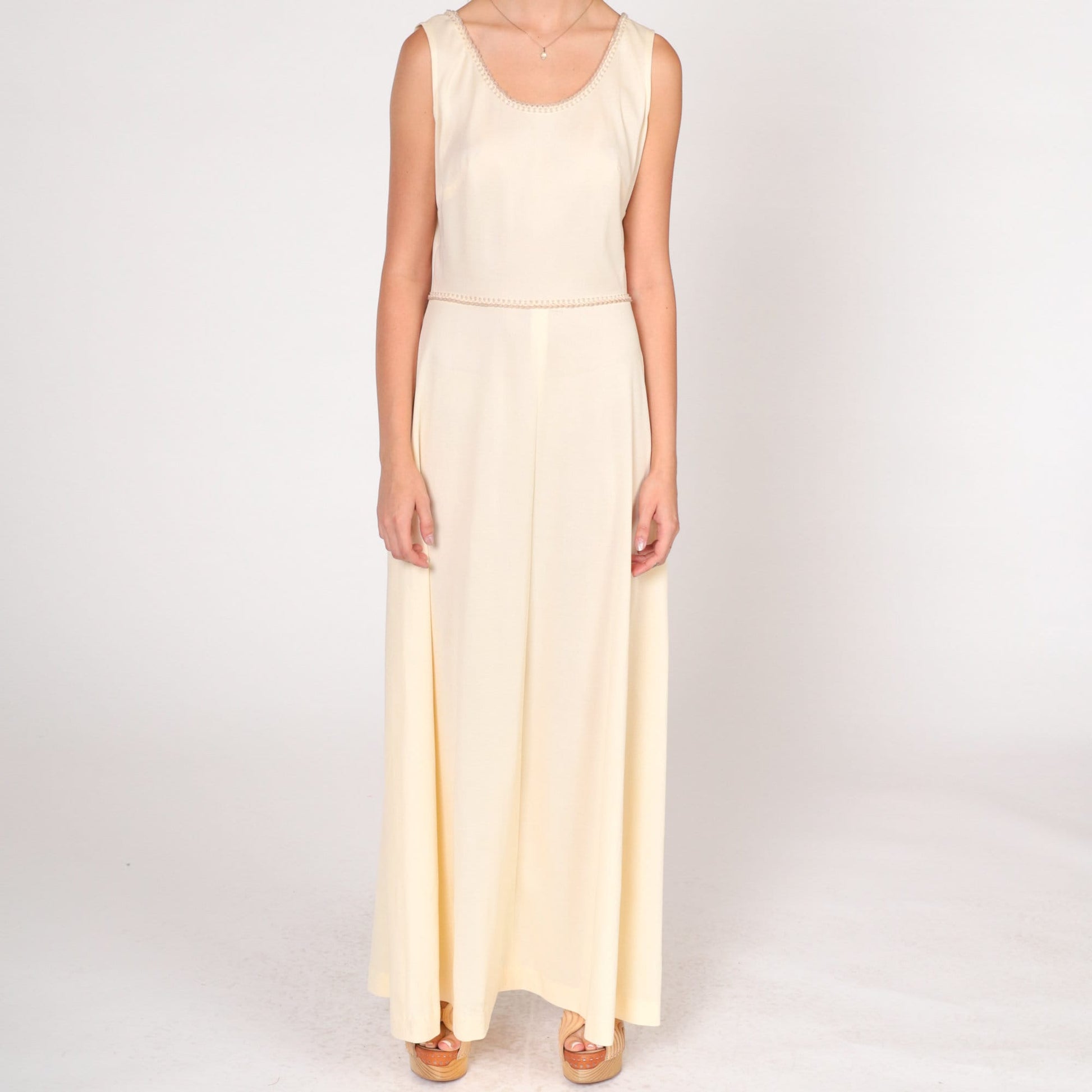 70s Cream Maxi Dress Sleeveless High Waist Scalloped Trim Small