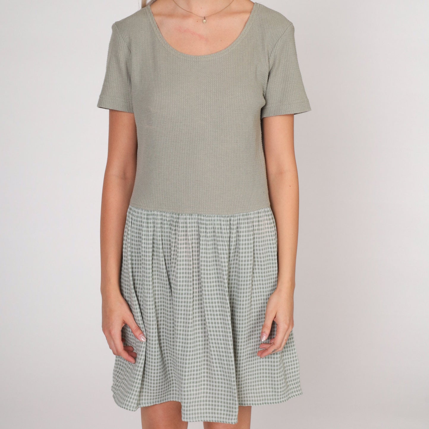 90s All That Jazz Sage Green Waffle Knit Gingham Mini Dress Short Sleeve Large