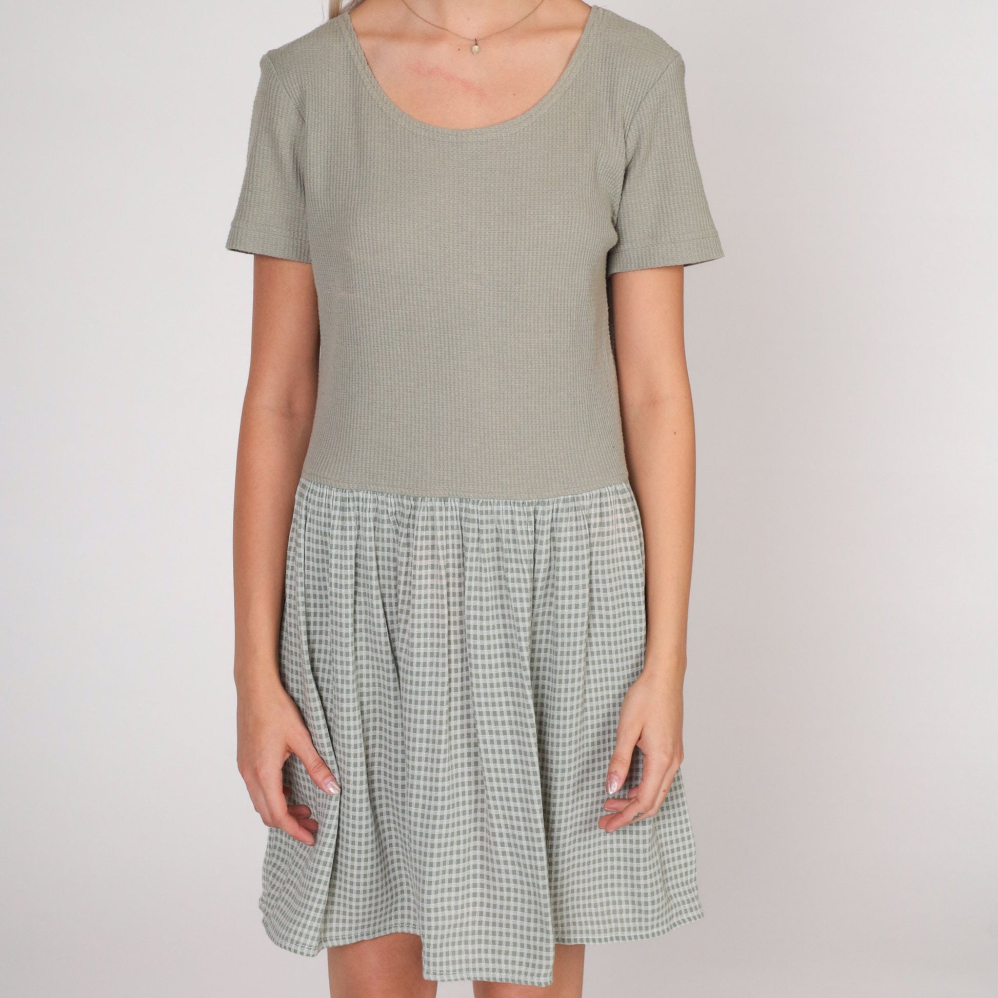 90s All That Jazz Sage Green Waffle Knit Gingham Mini Dress Short Sleeve Large