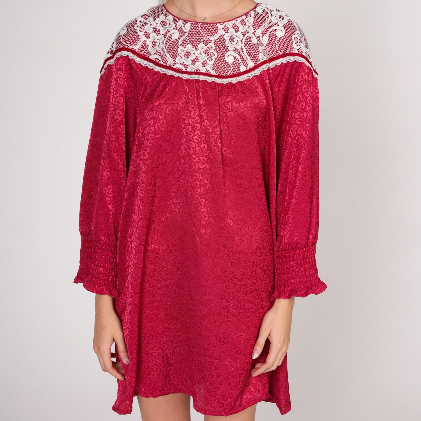 70s Red Mini Dress Lace Bib Embossed Leaf Print Long Sleeve Medium