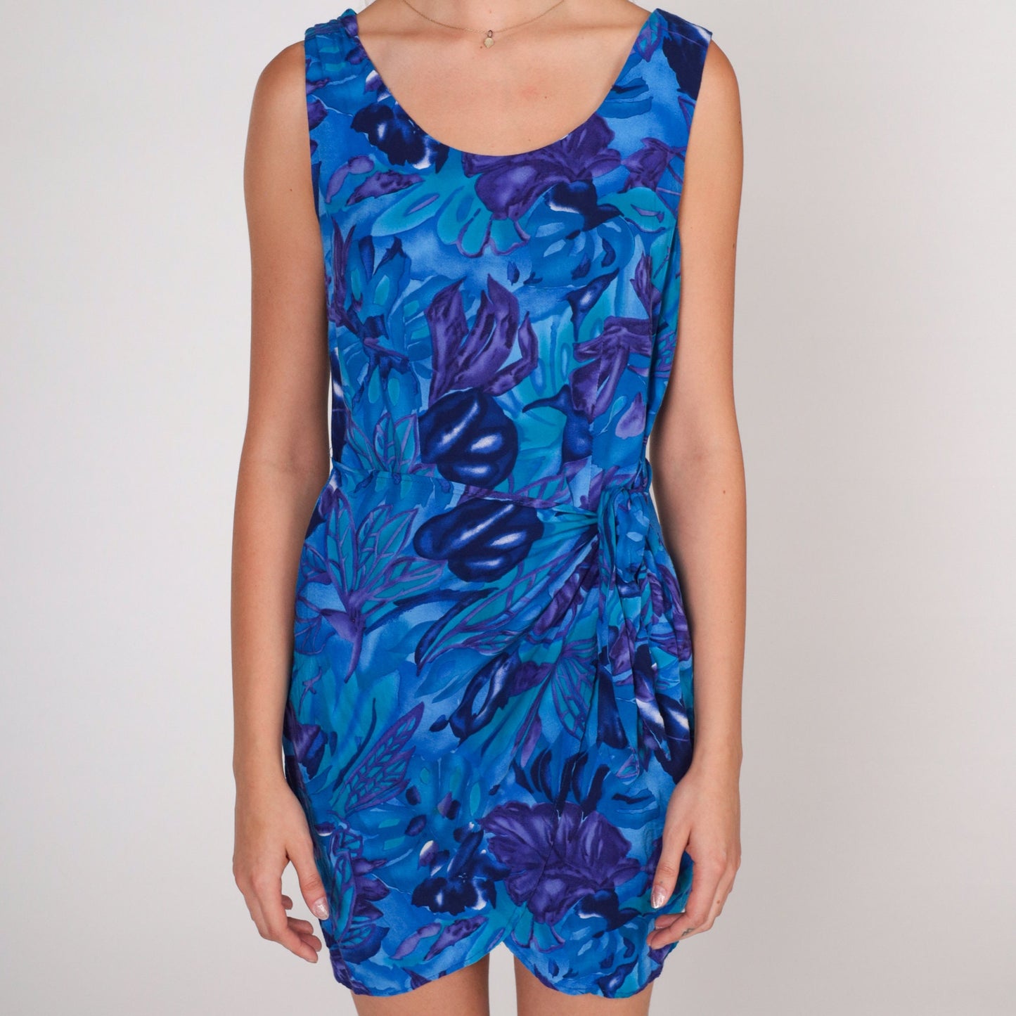 90s All That Jazz Tropical Leaf Mini Dress Blue Sleeveless Wrap Skirt Extra Small
