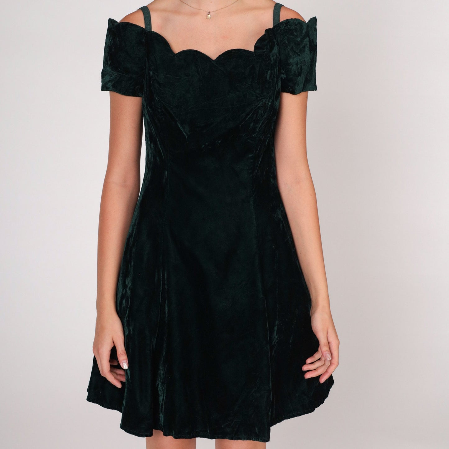 90s Dark Green Velvet Mini Dress Scalloped Off-Shoulder Small