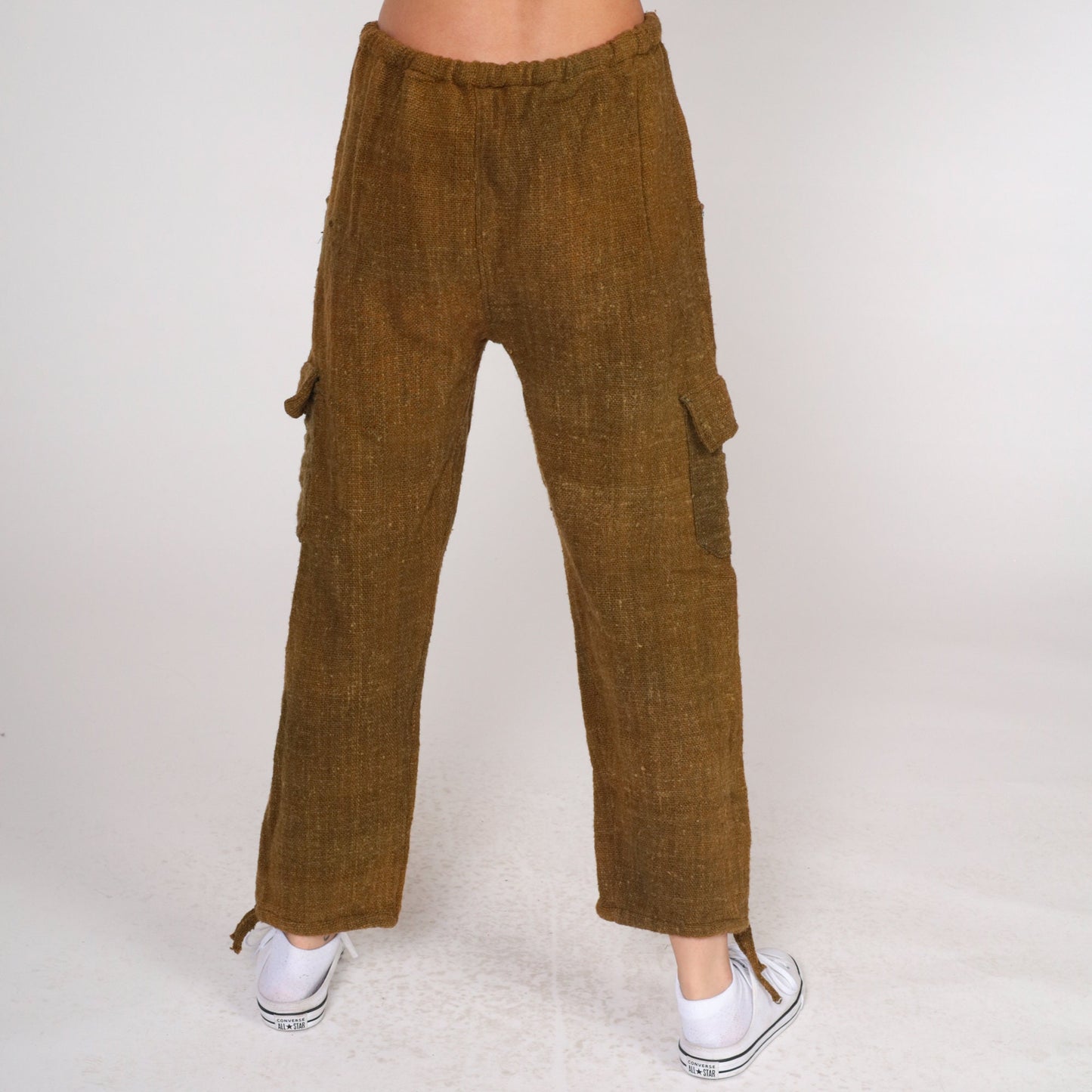 70s Brown Wool Cargo Pants Drawstring Waist Straight Leg Medium Large