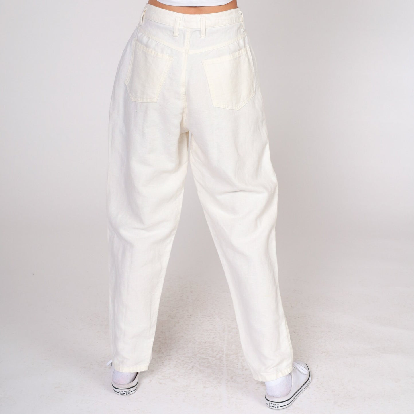 80s Cream Linen Pleated High-Waist Trousers Tapered Leg Small S