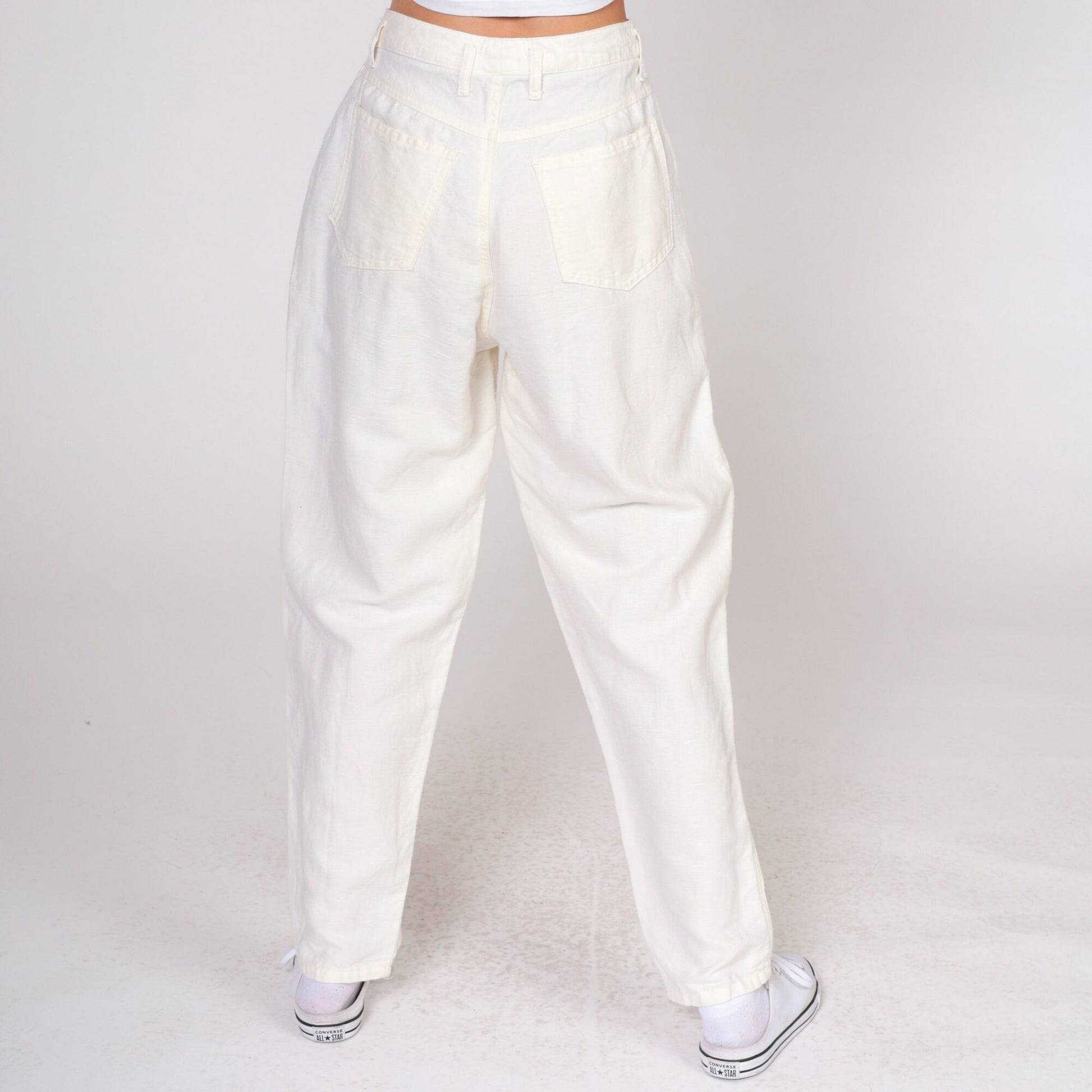 80s Cream Linen Pleated High-Waist Trousers Tapered Leg Small S