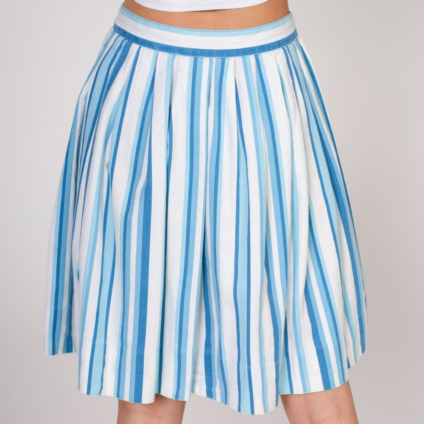 60s Striped Mini Skirt Blue White Button Front Pockets Cotton Extra Small