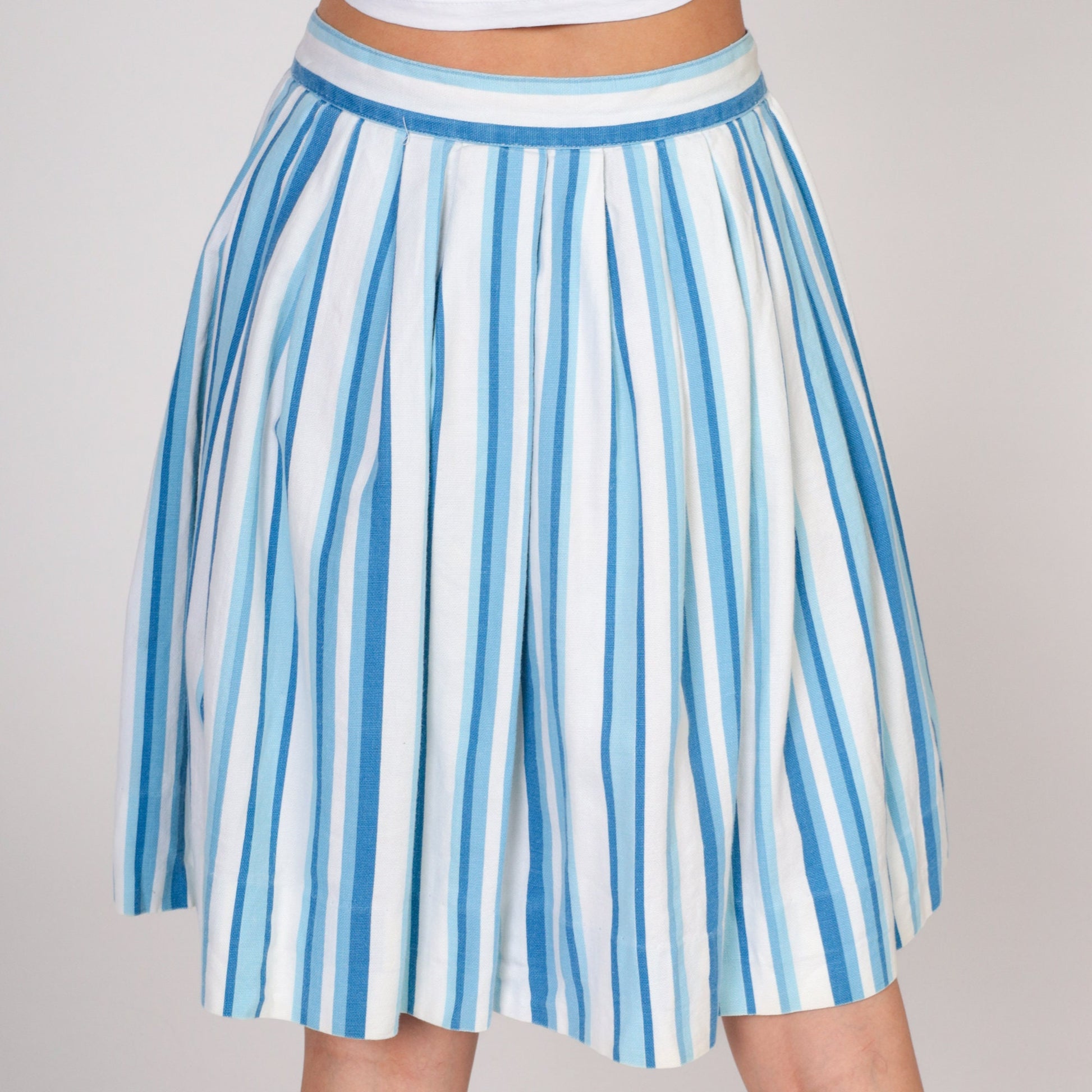 60s Striped Mini Skirt Blue White Button Front Pockets Cotton Extra Small