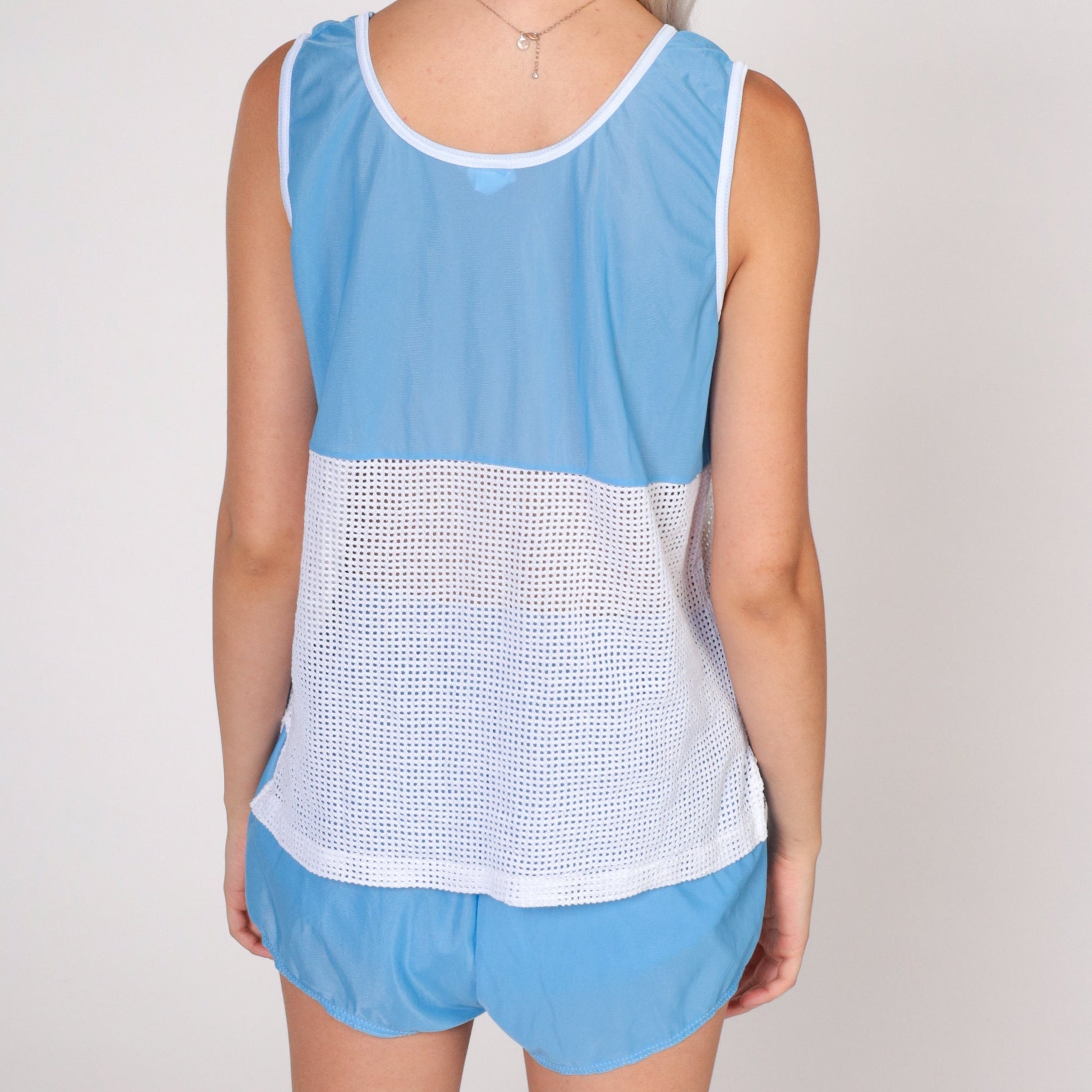 80s Miracle Whip Light Nylon Tank Top & Shorts Set Blue Mesh Small