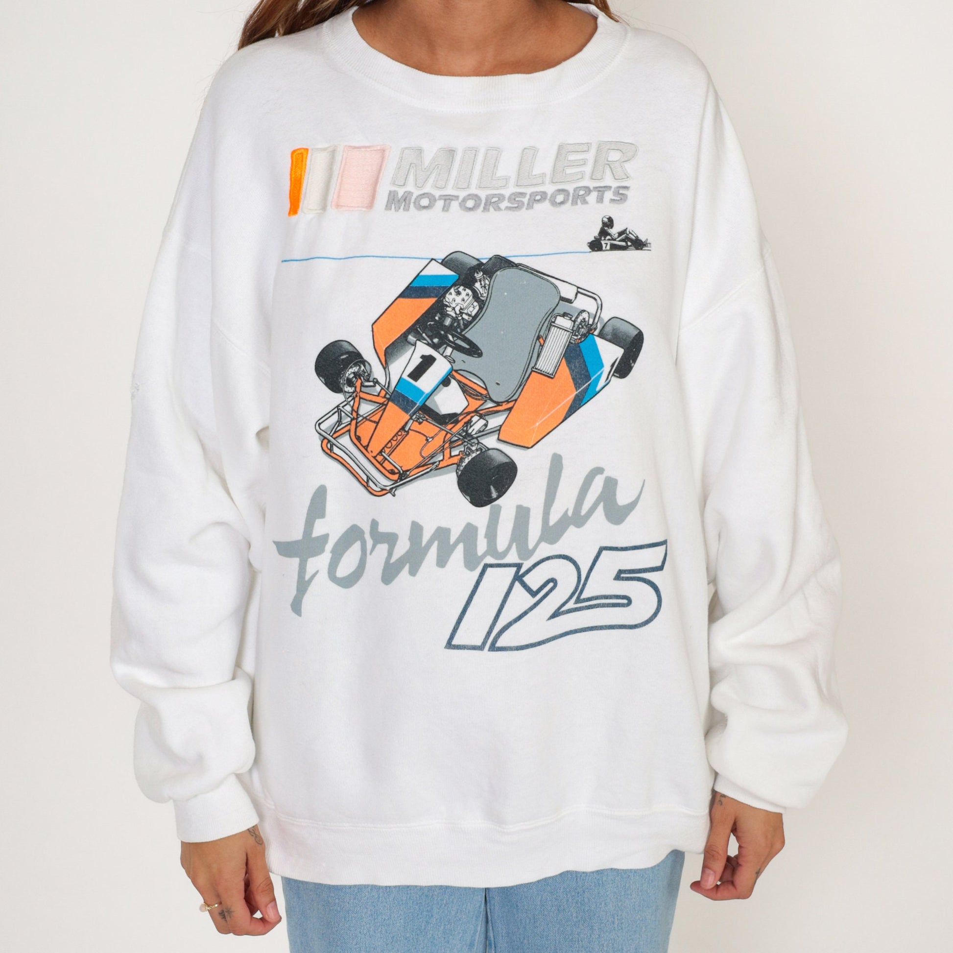 90s Miller Motorsports Formula 125 Go Kart Racing Sweatshirt White Cotton Extra Large