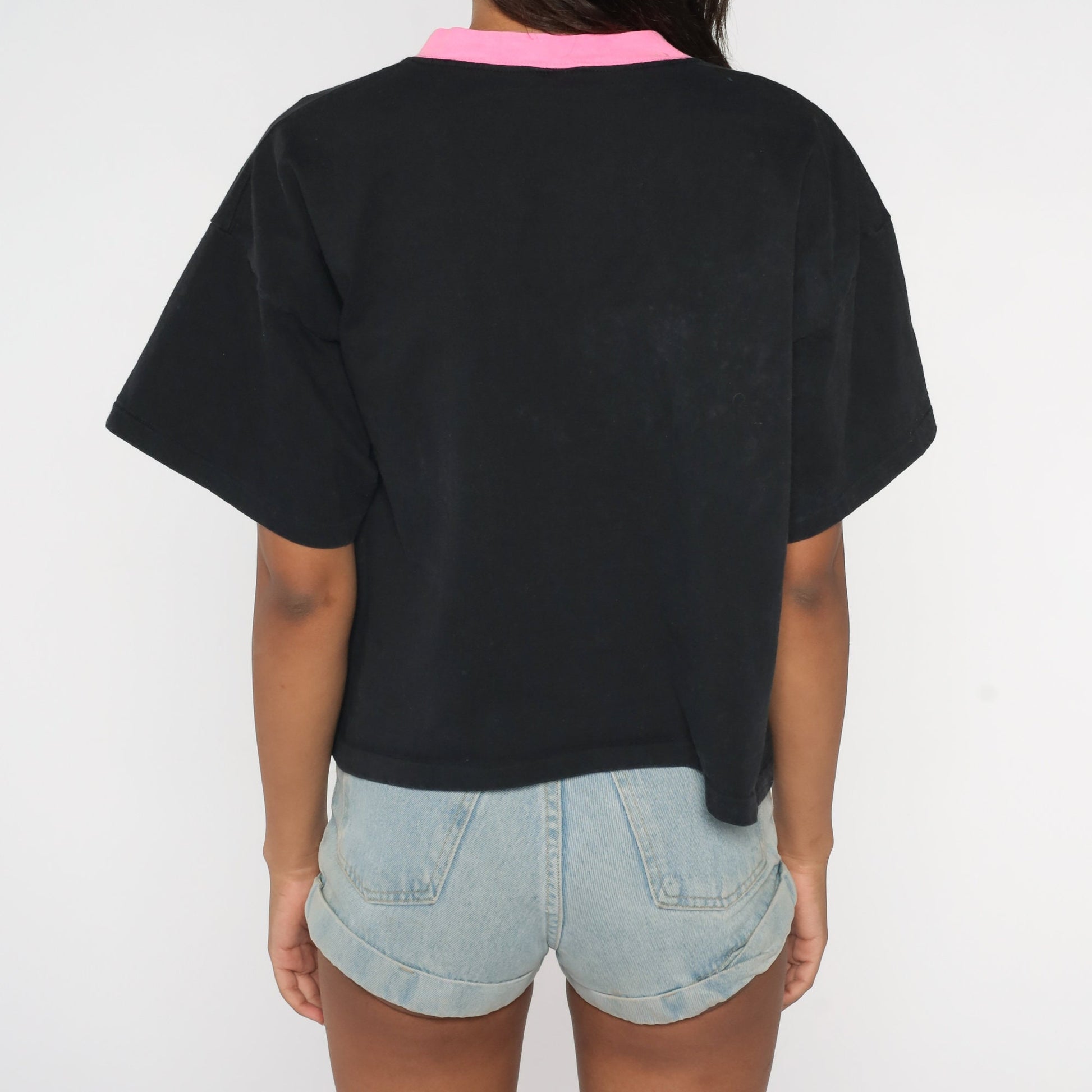 90s St Thomas Virgin Islands Crop Top Ringer Tee Black Neon Pink Graphic Medium