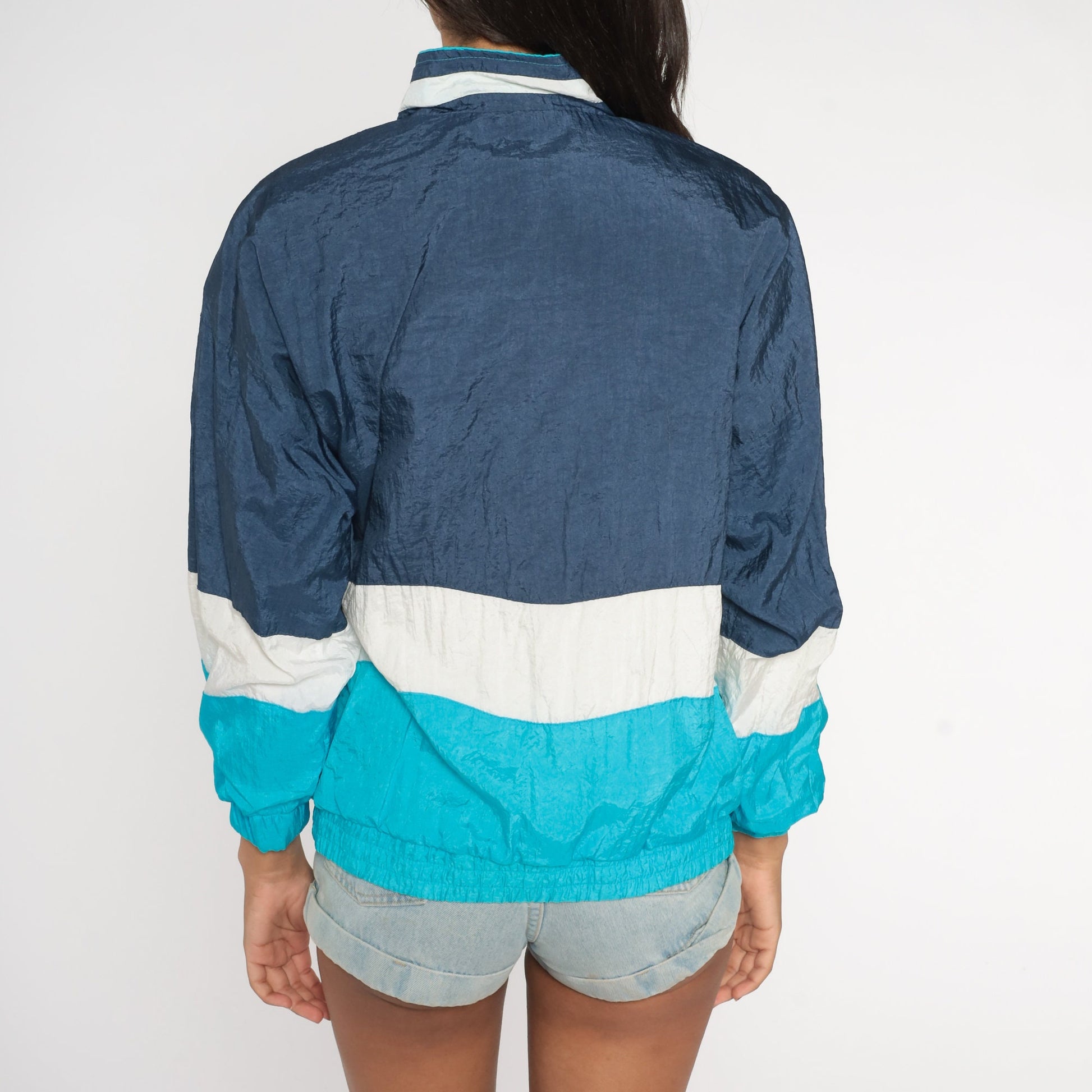 90s Striped Windbreaker Jacket Aqua Navy Blue White Colour Block Medium