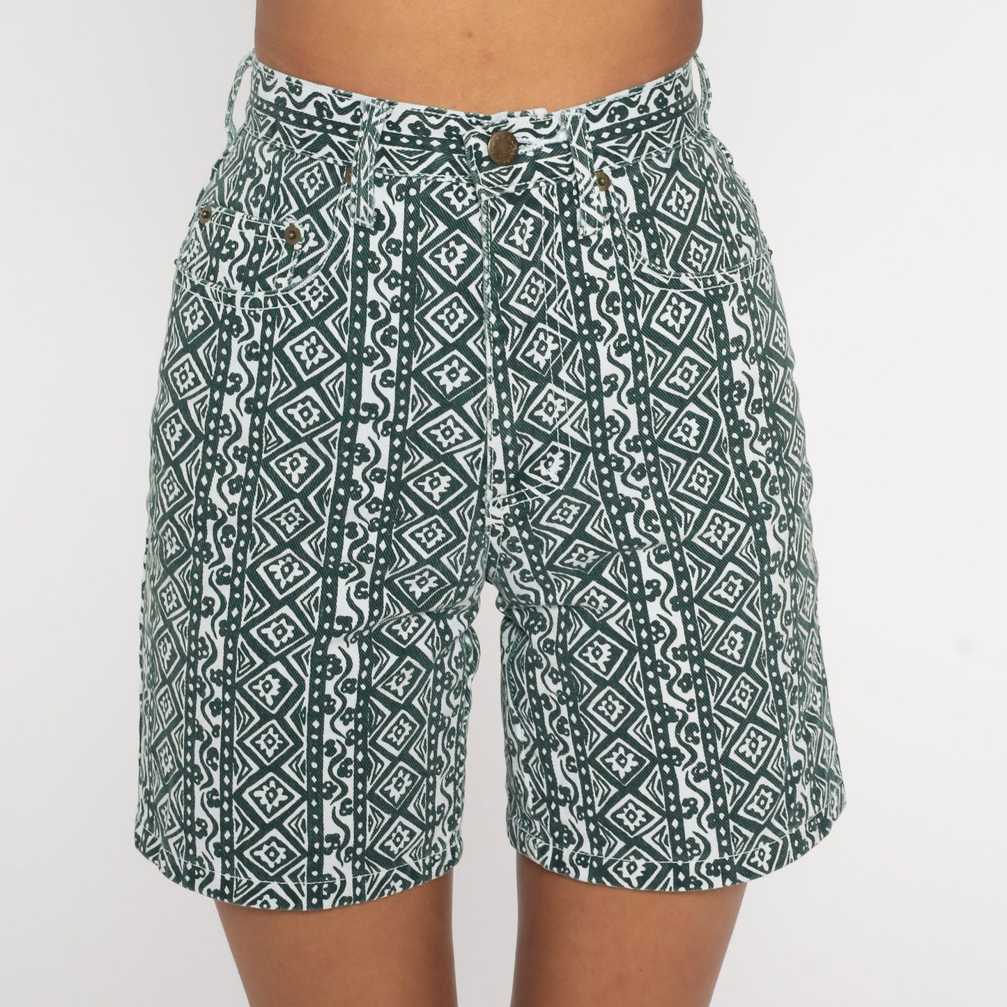 90s Sostanza Floral Denim Shorts High Waist Green White Geometric Print XXS