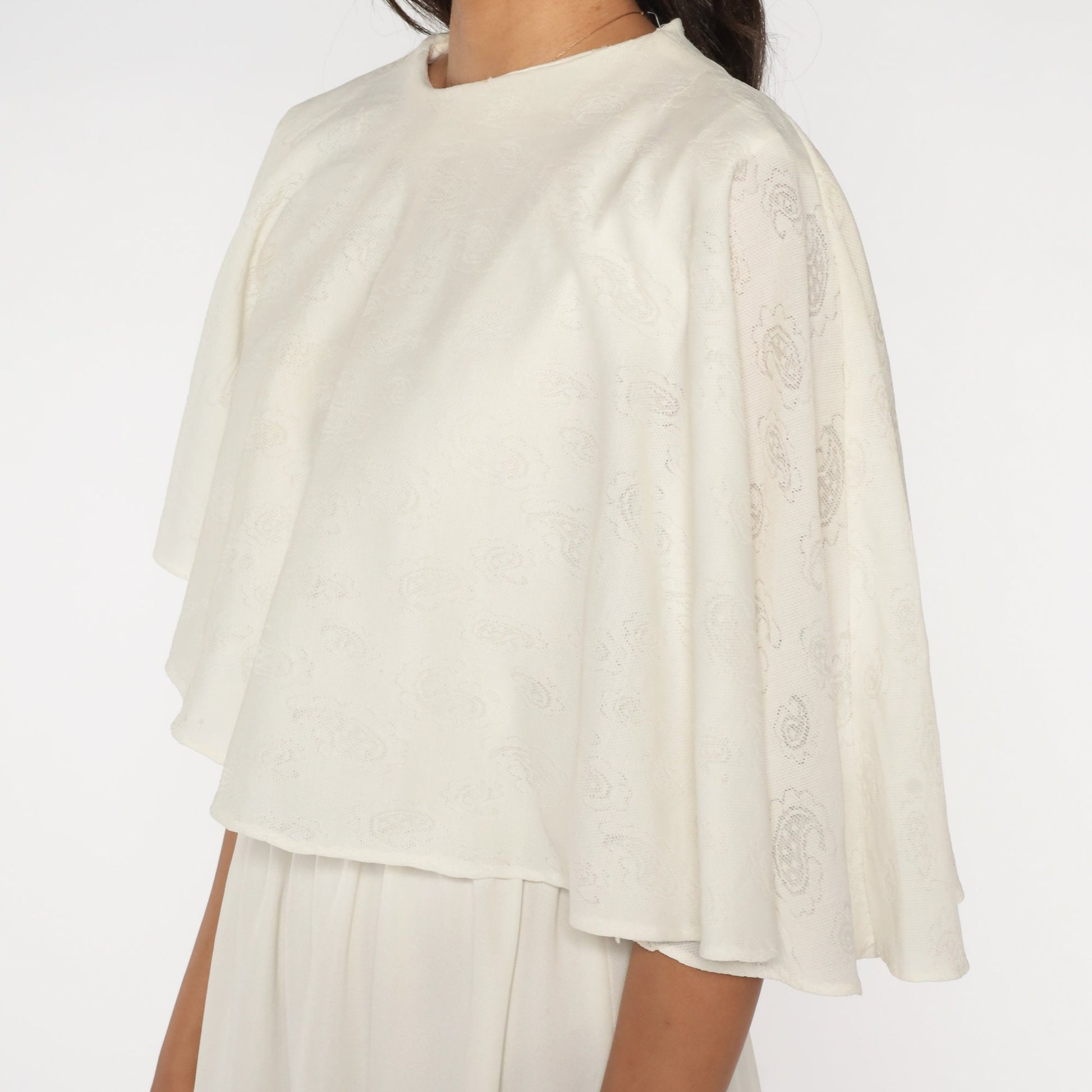 70s Asymmetrical Capelet Midi Dress Off White Paisley High Waist Medium Large