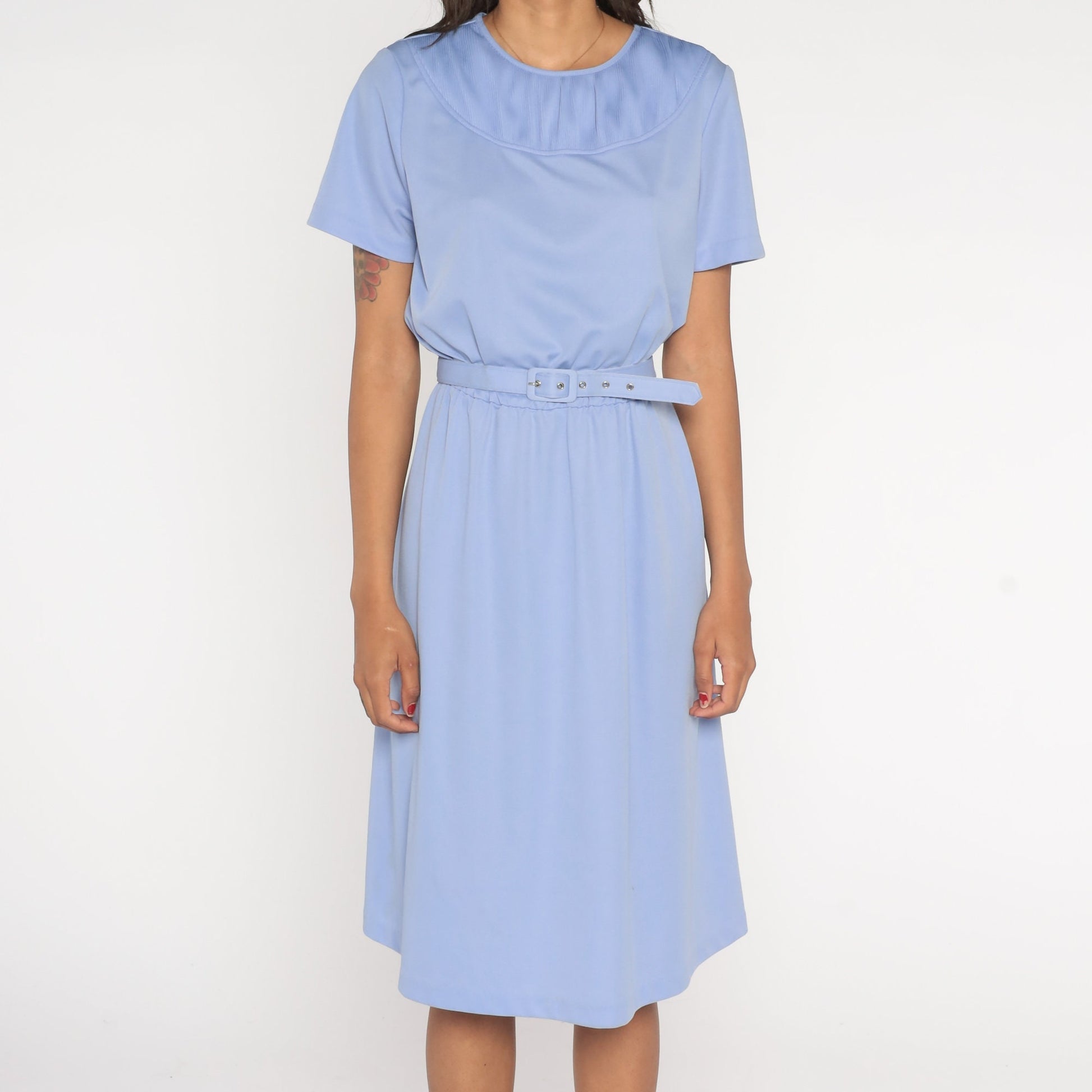 80s Periwinkle Midi Dress High Waisted Belted Short Sleeve Blue Large L
