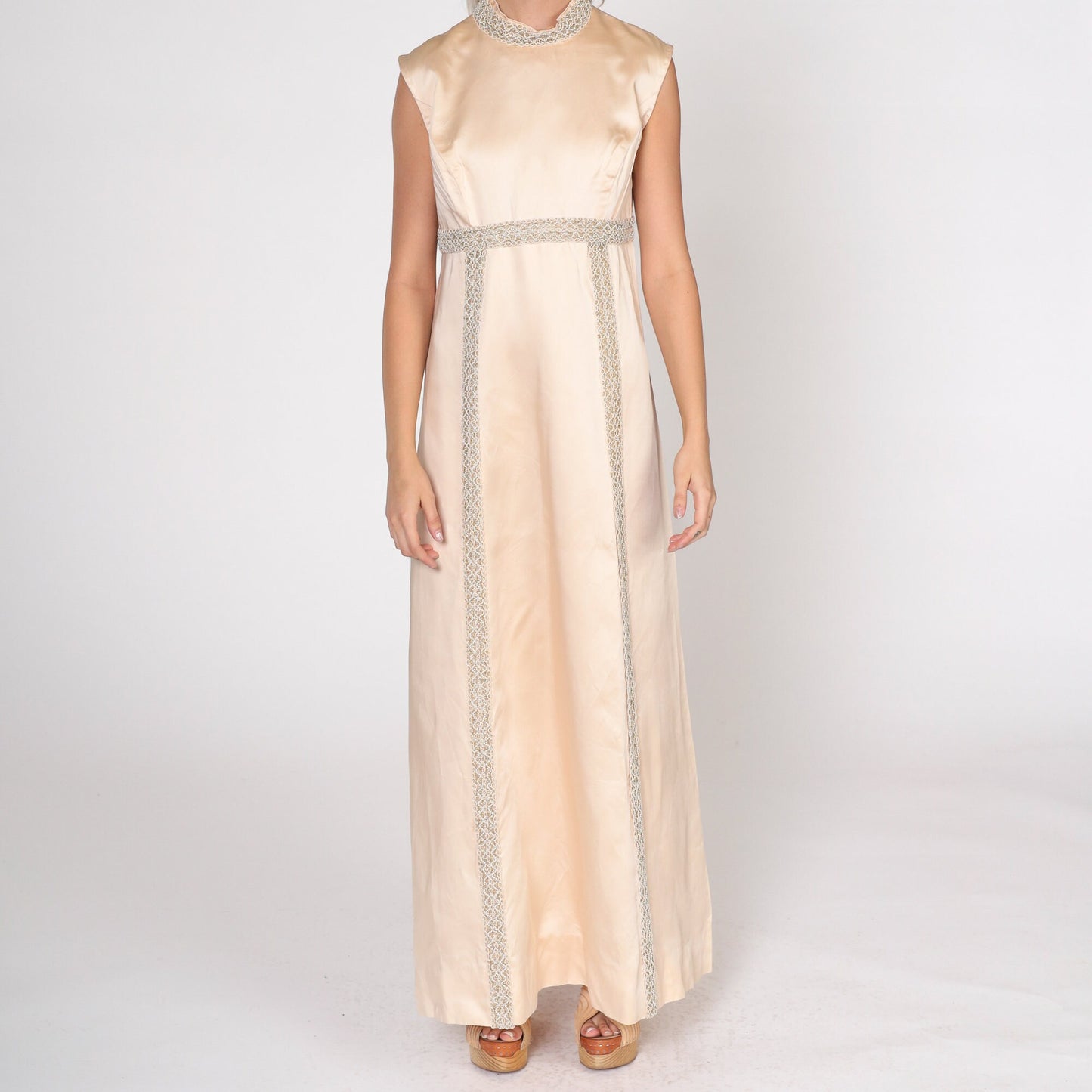 60s Champagne Beaded Maxi Dress Empire Waist Sleeveless Small S
