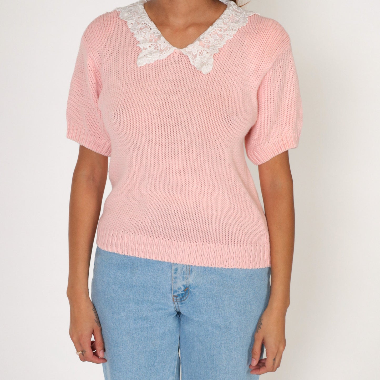 90s Baby Pink Knit Top Lace Granny Collar Short Sleeve Small