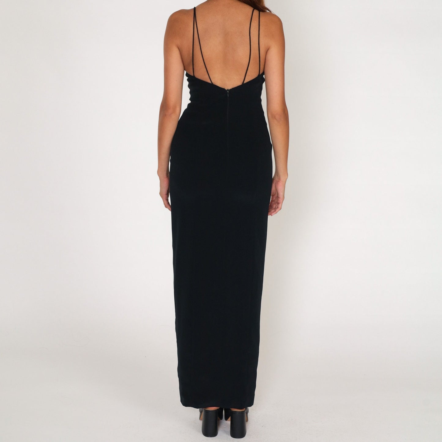 90s Black Maxi Dress Rhinestone Cutout High Slit Sleeveless Evening Gown Extra Small XS