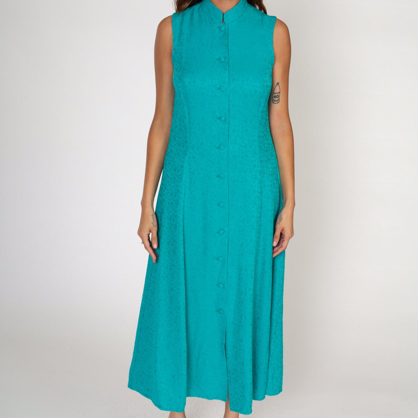 90s Coldwater Creek Teal Floral Embossed Maxi Dress Sleeveless Button-Up Small