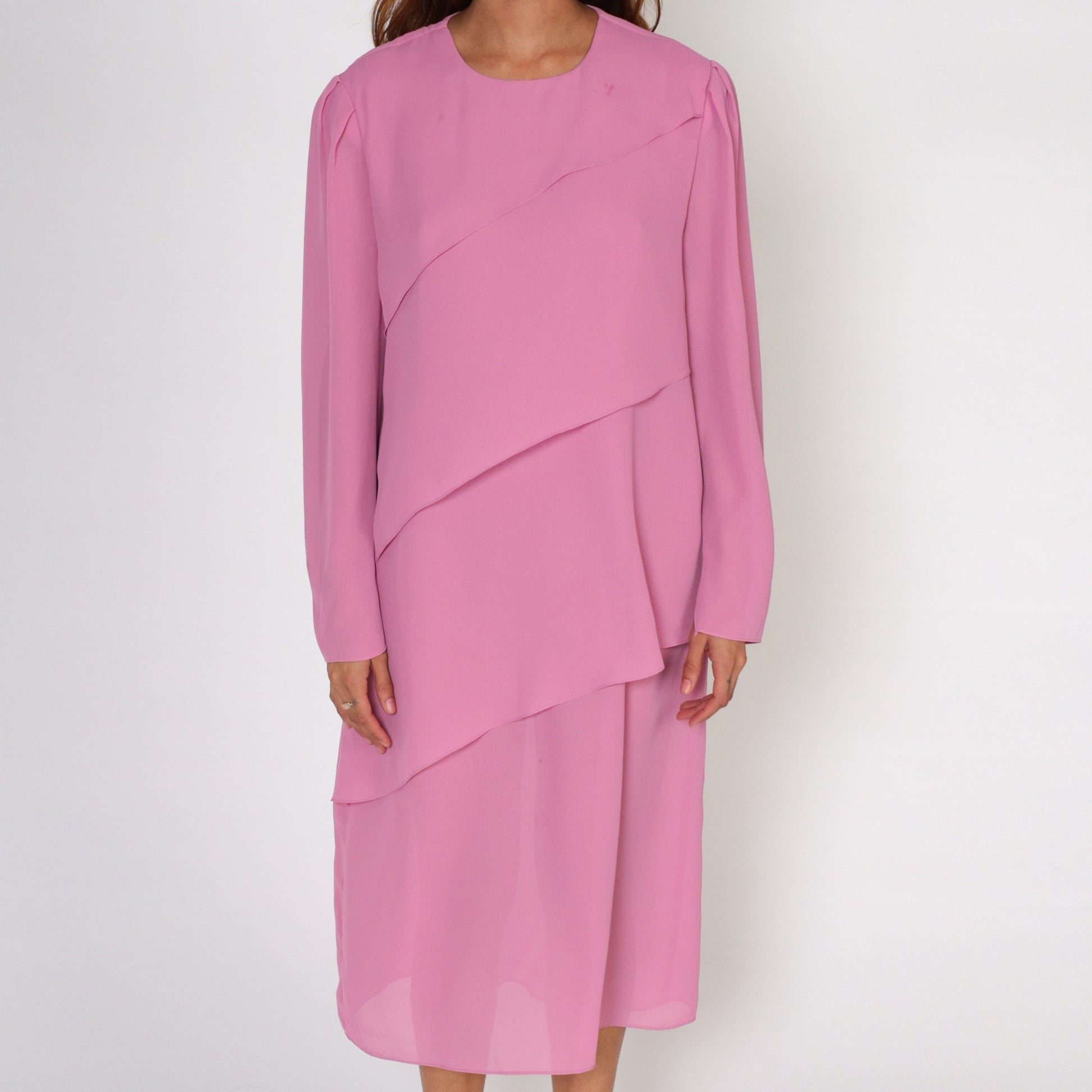 70s Pink Midi Dress Puff Sleeve Bias Cut Layered Draped Medium Large
