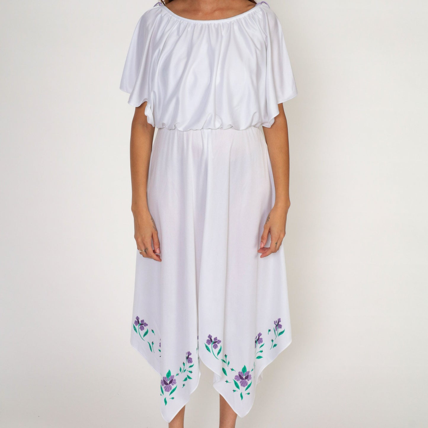 70s White Grecian Midi Dress Painted Floral Hanky Hem Flutter Sleeve Small