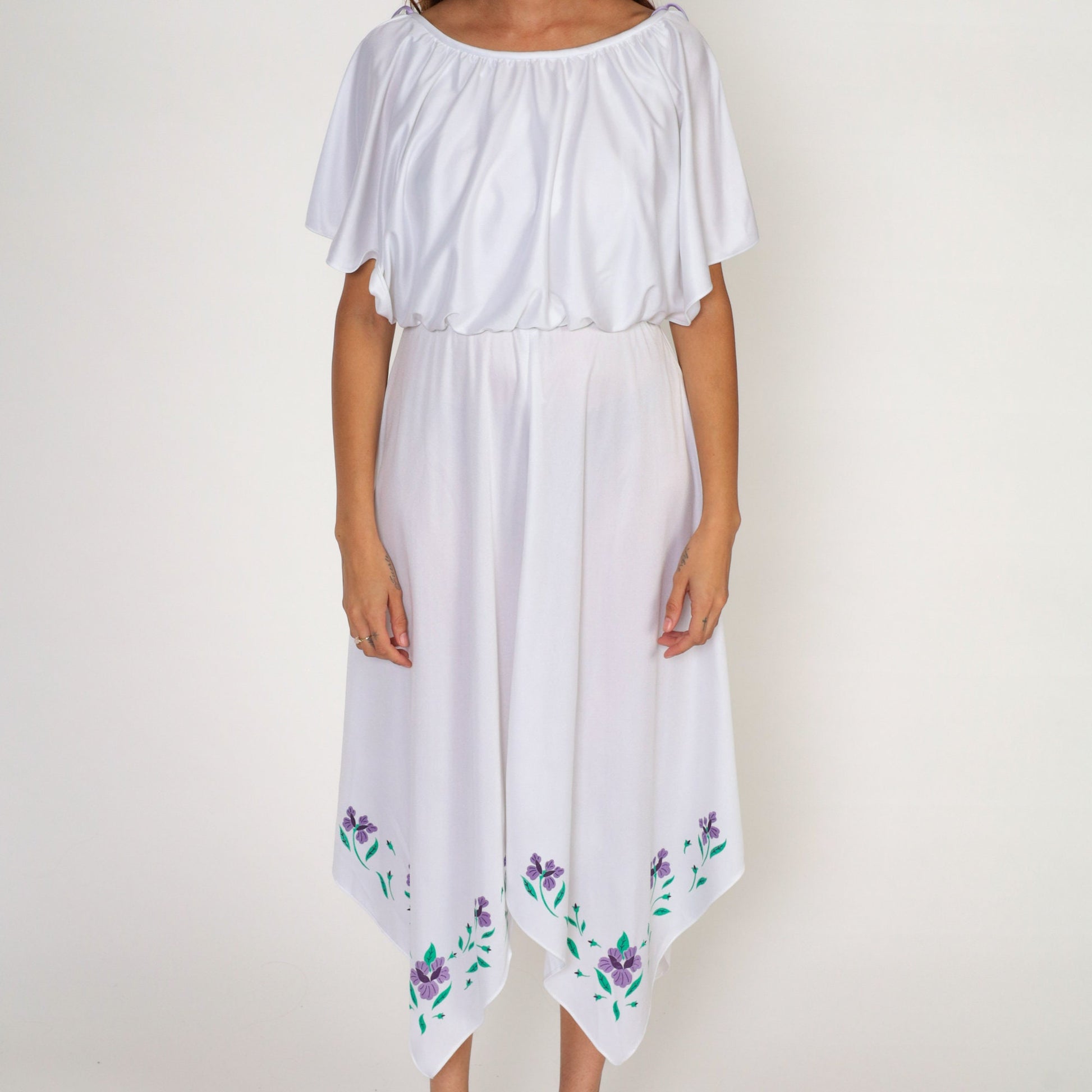 70s White Grecian Midi Dress Painted Floral Hanky Hem Flutter Sleeve Small