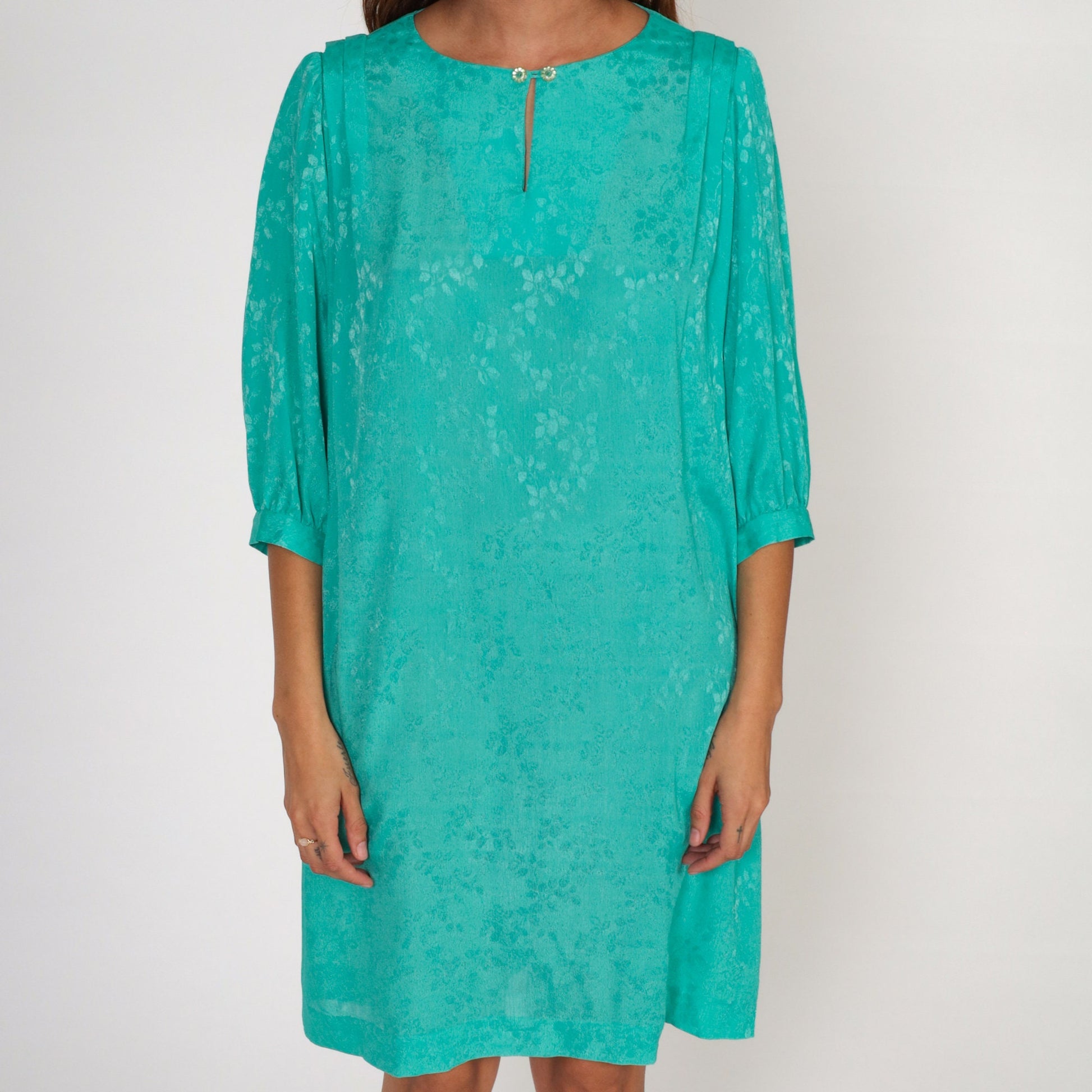 80s Green Embossed Leaf Mini Dress Puff Sleeve Pleated Shift Extra Large XXL