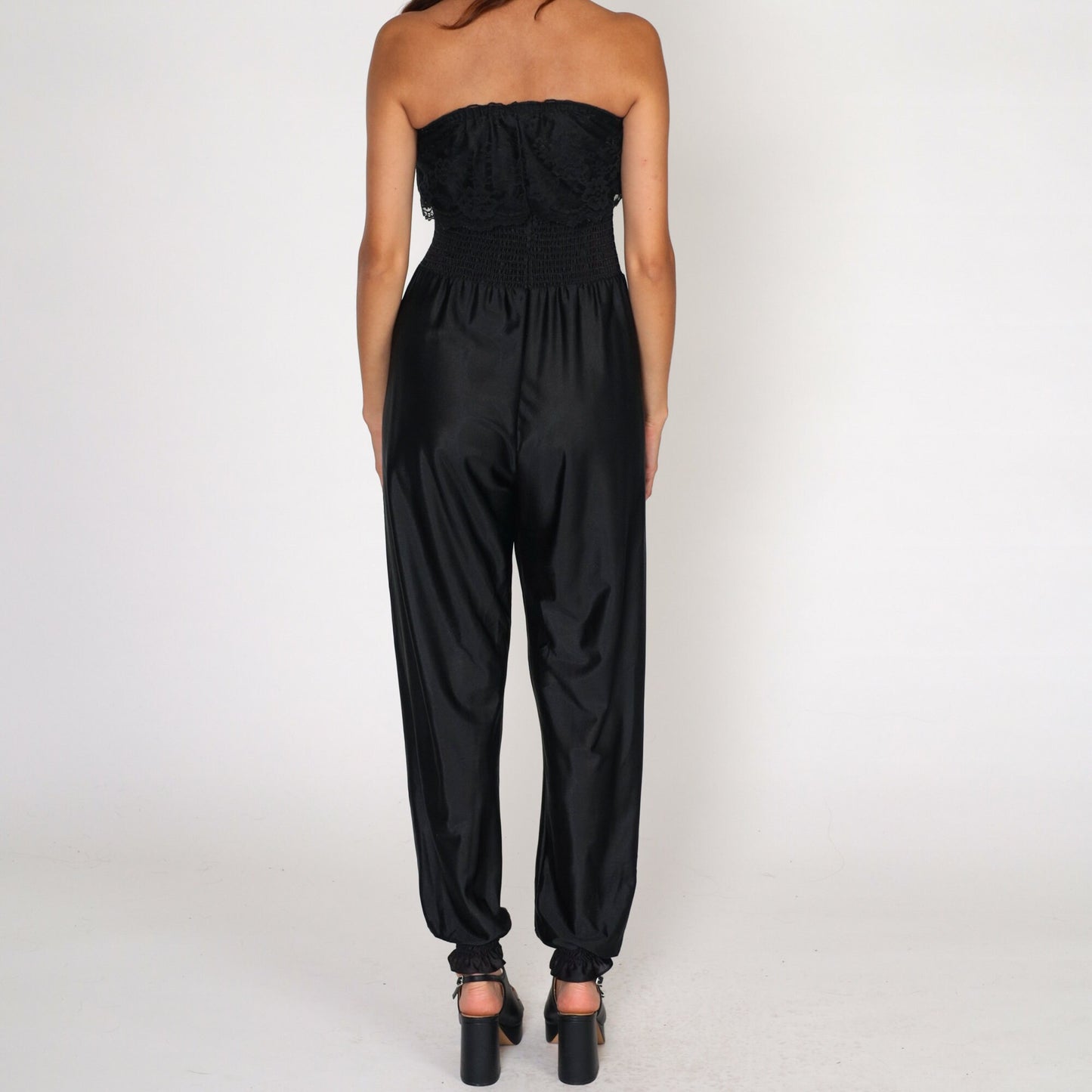80s Black Nylon Lingerie Jumpsuit Strapless Smocked Lace High Waist Extra Small