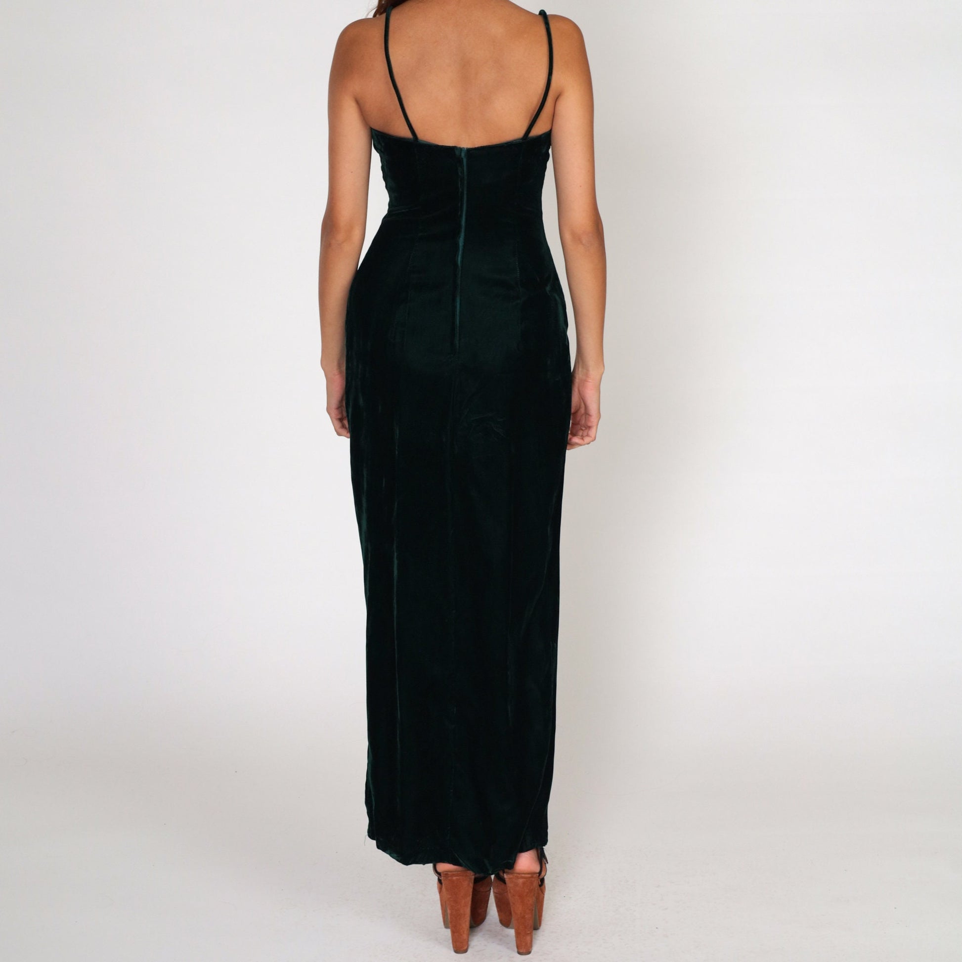 90s Dark Green Velvet Maxi Dress Sweetheart Neckline High Slit Sleeveless Small
