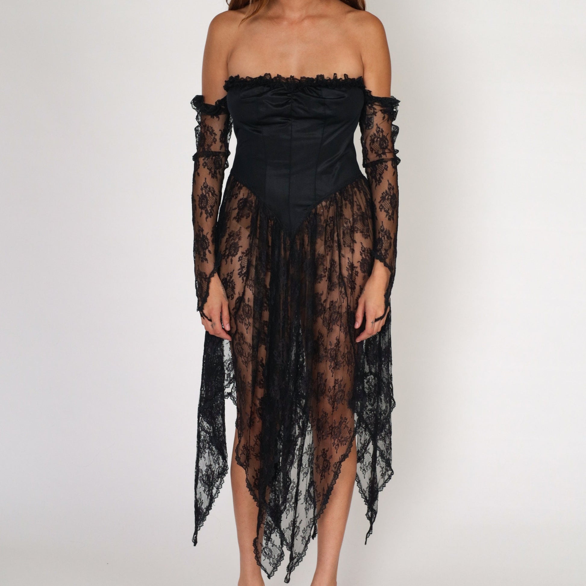 80s Black Lace Midi Dress Off-Shoulder Basque Waist Hanky Hem Small