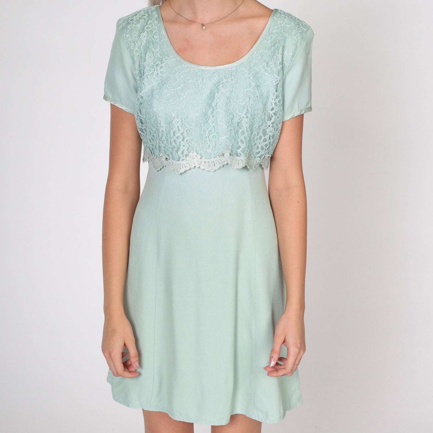 90s Seafoam Lace Mini Dress Rosette Short Sleeve Shift Scoop Neck Small