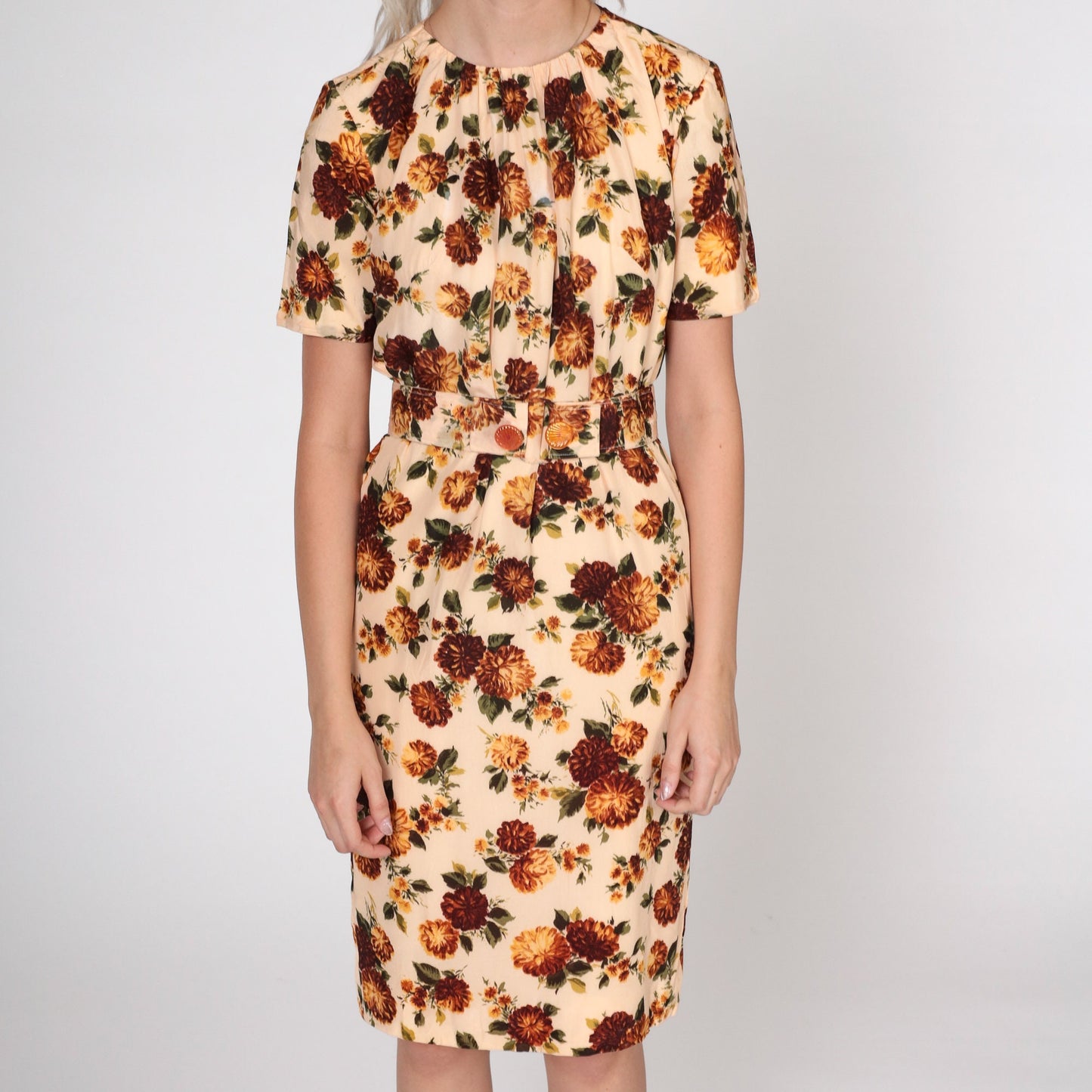 1960s Floral Peach Pencil Dress Matching Belt Short Sleeve Small S