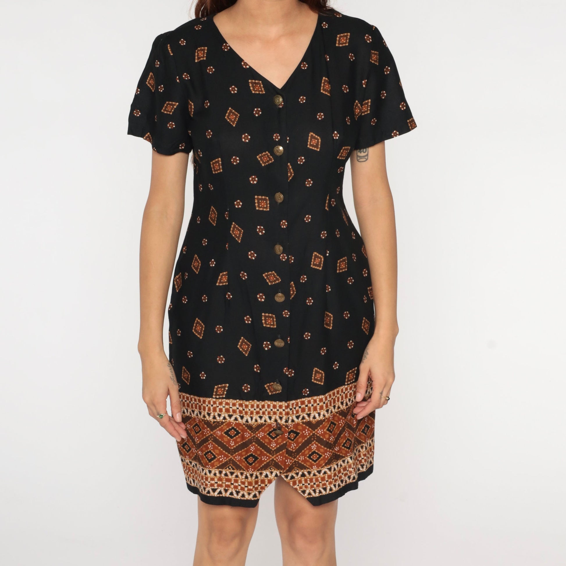 90s Black Geometric Print Button-Up Mini Dress Short Sleeve V-Neck Medium