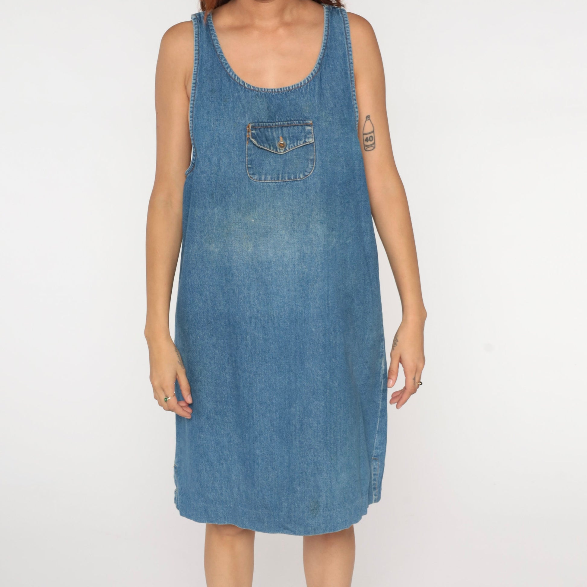 90s Blue Denim Jumper Dress Mini Length Chest Pocket Sleeveless Large