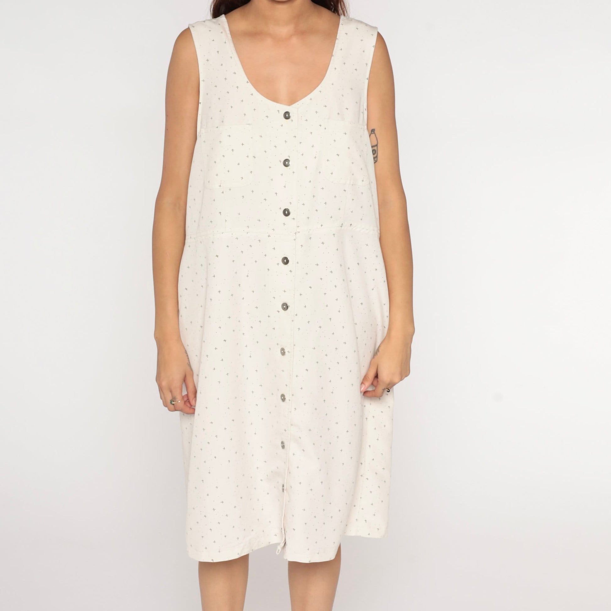 90s Confetti Jumper Dress Off-White Midi Button-Up Sleeveless Extra Large XXL