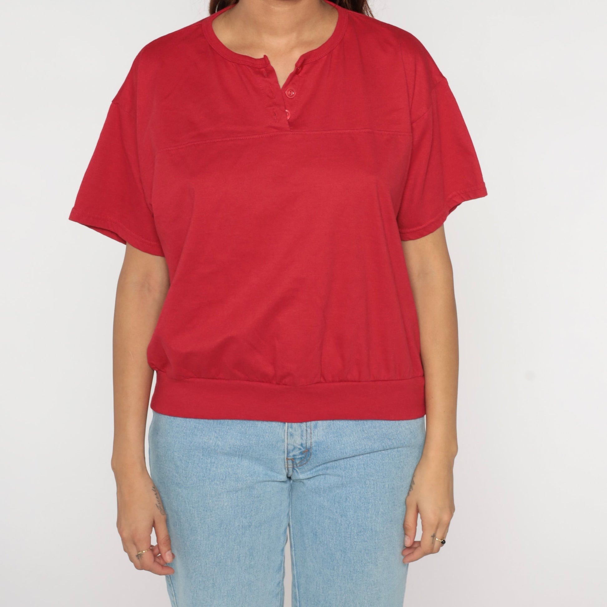 90s Red Henley Shirt Short Sleeve Banded Hem Extra Large XL