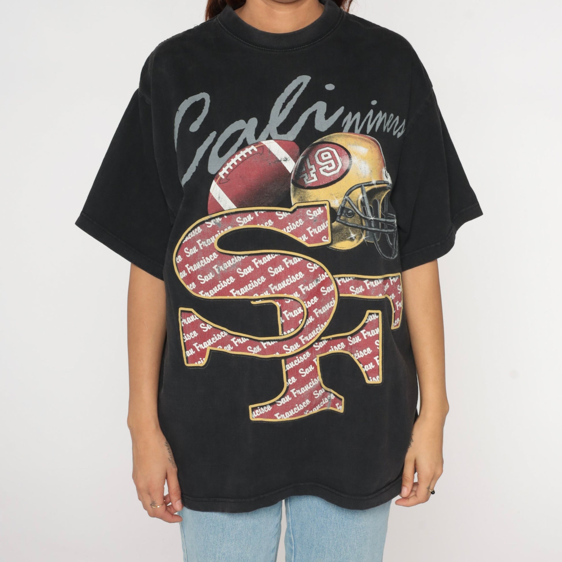 90s San Francisco 49ers NFL Football T-Shirt Black Graphic Tee Extra Large
