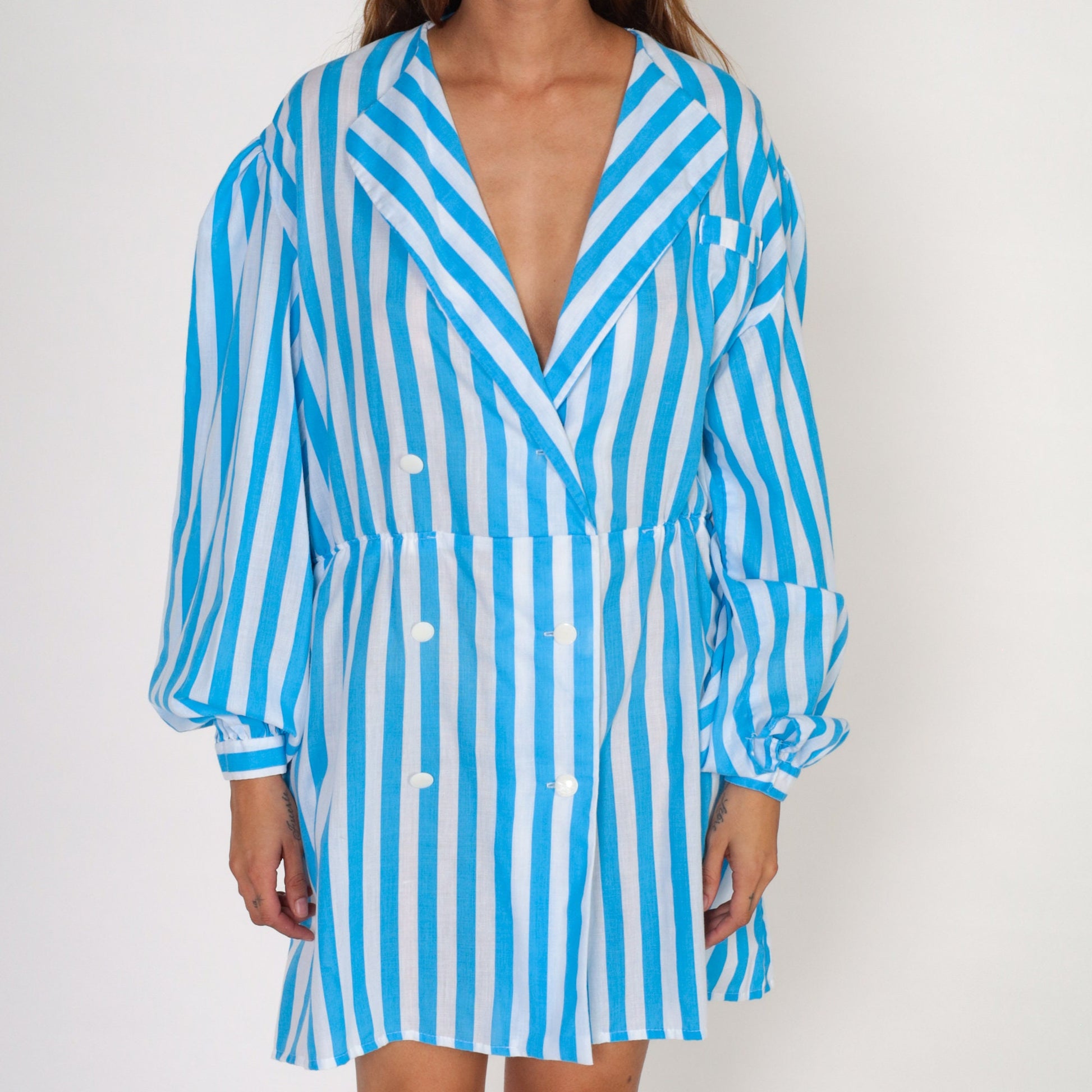 80s Striped Mini Dress Blue White Double Breasted Puff Sleeve Collared Large